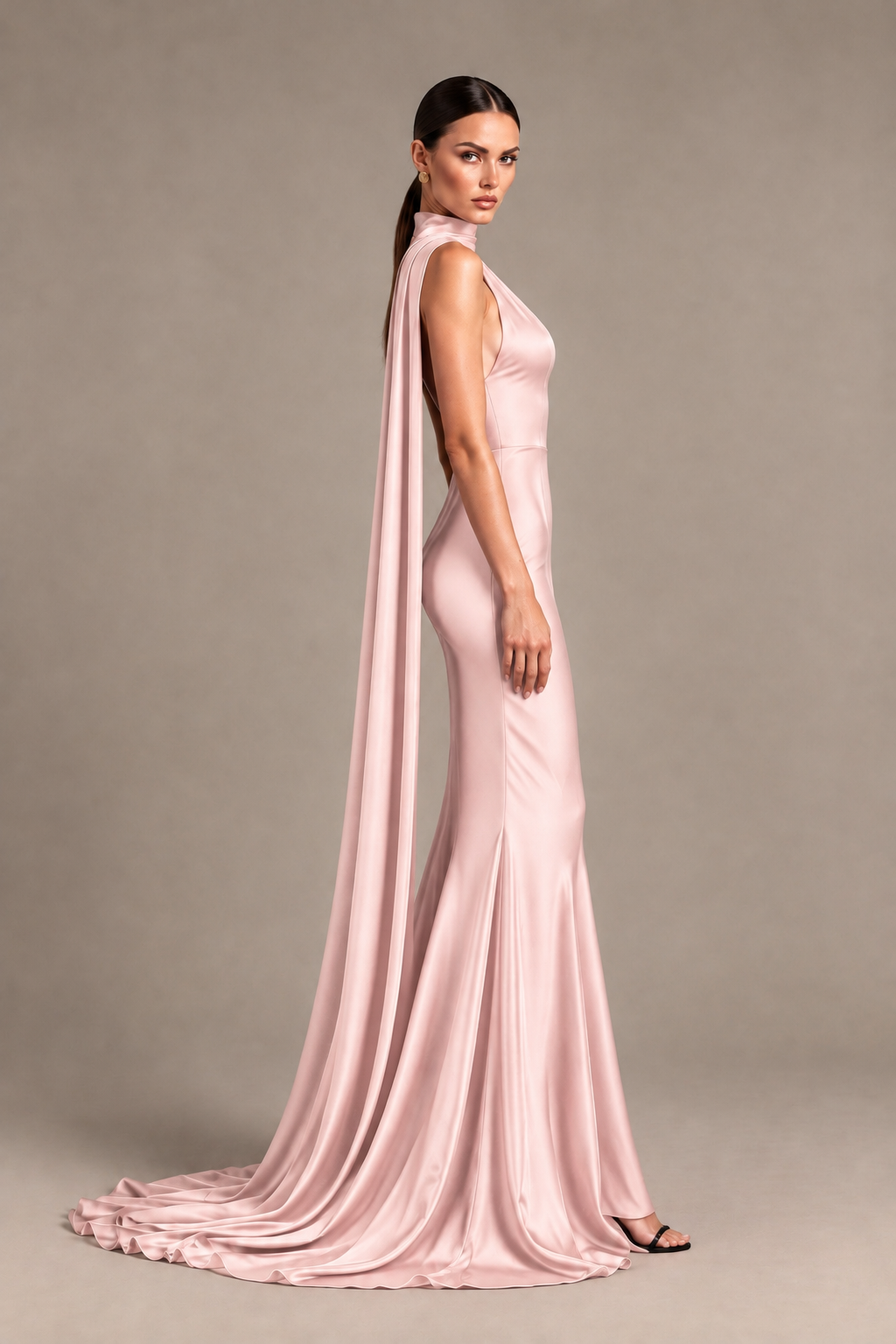 BOLODOO Blush Pink One-Shoulder Satin Mermaid Evening Dress with Scarf - Blush Pink - Blush Pink_3