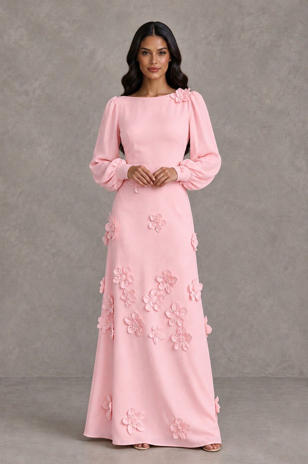 BOLODOO Blush Pink Long Sleeve Floral Applique A-Line Evening Dress - Blush Pink - Blush Pink_3