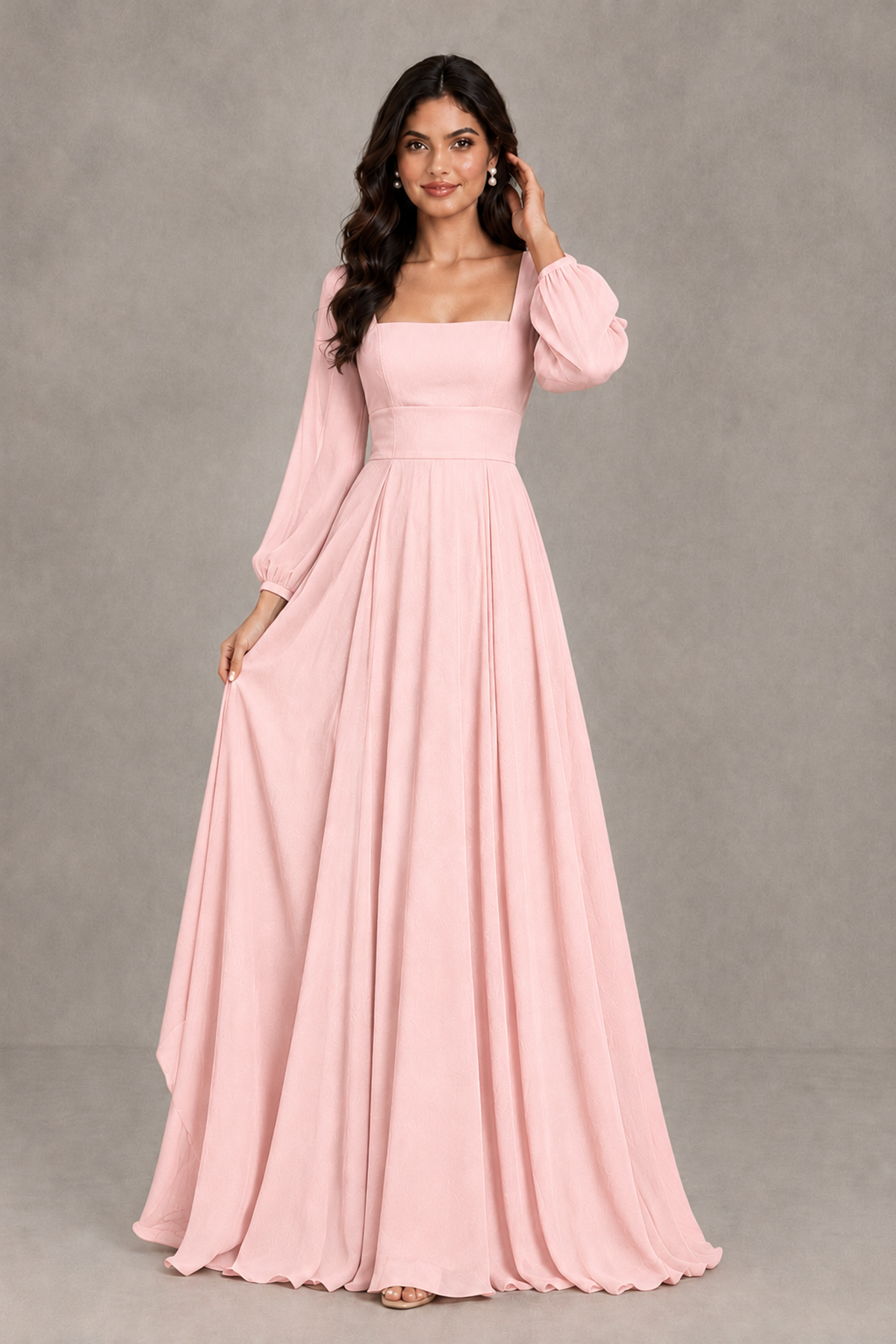 BOLODOO Blush Pink Square Neck Long Sleeve A-Line Bridesmaid Dress - Blush Pink - Blush Pink_3