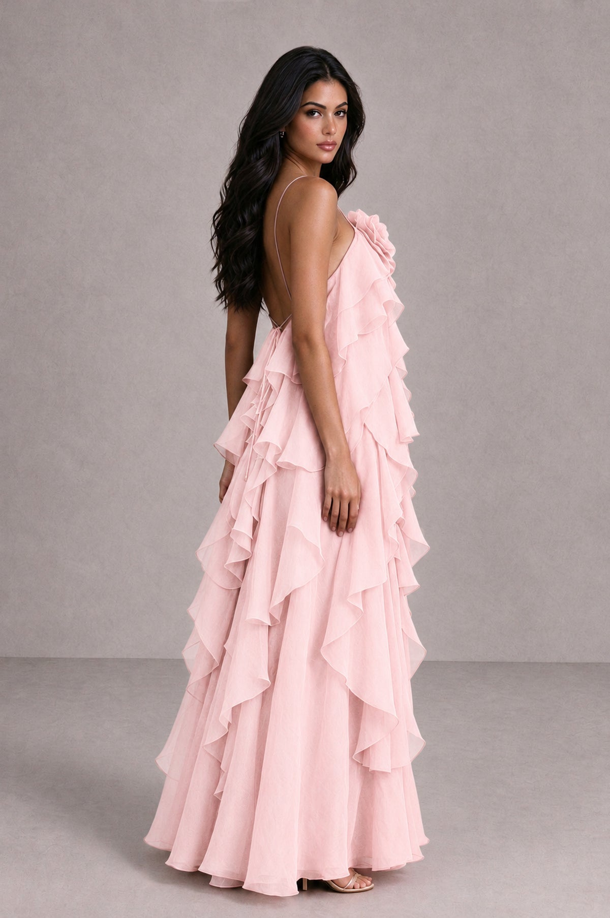 BOLODOO Blush Pink Cascading Ruffle Rosette Open-Back Maxi Dress - Blush Pink - Blush Pink_3