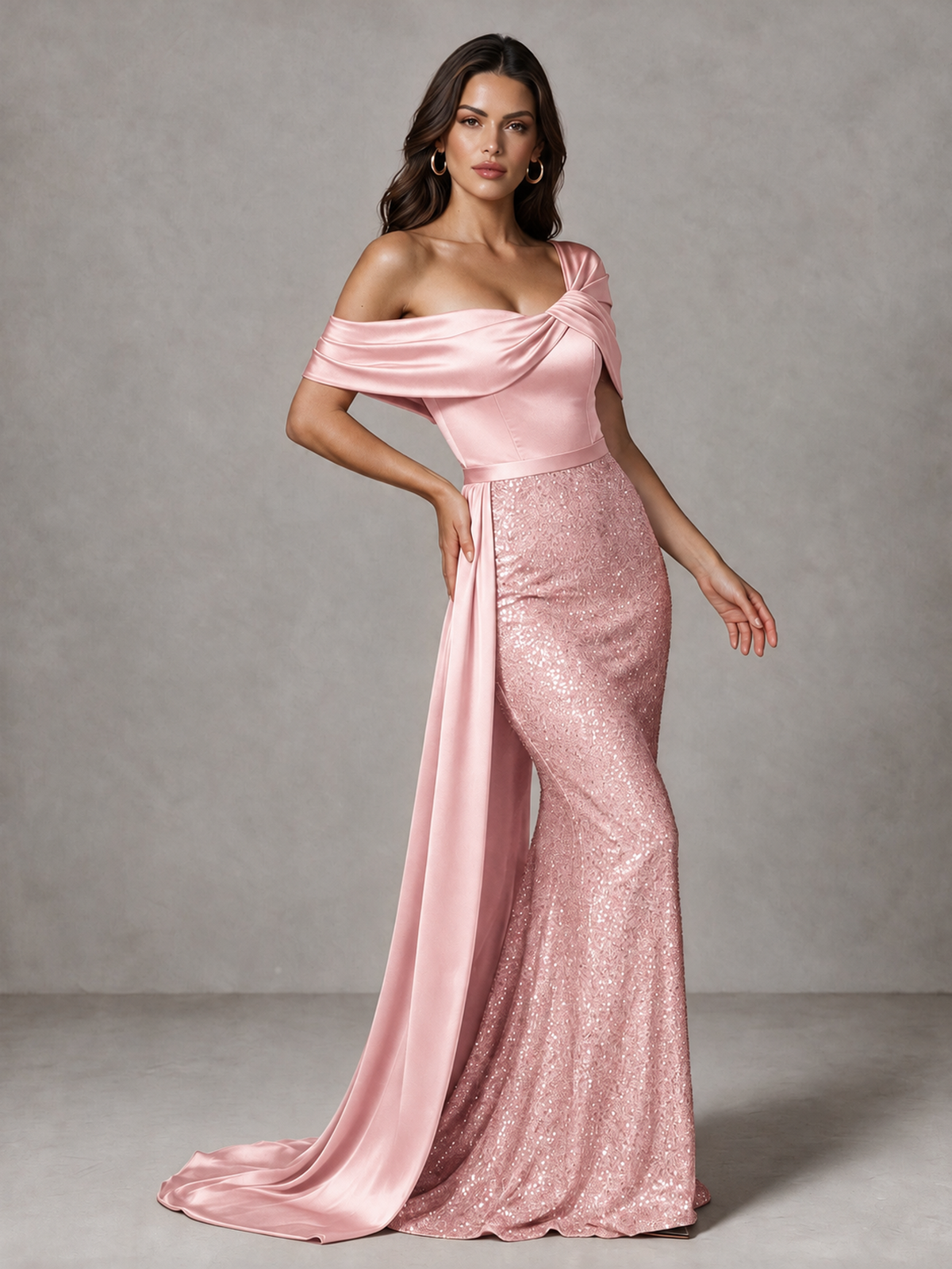 BOLODOO Blush Pink Sequin Mermaid Evening Dress with Off-Shoulder Satin Drape and Sweep Train - Blush Pink - Blush Pink_3