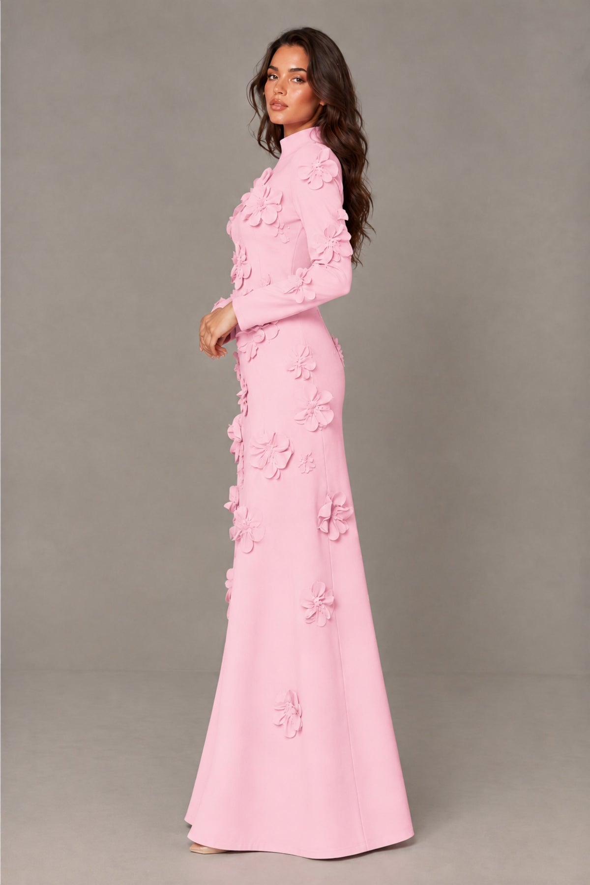 BOLODOO Blush Pink High Neck Long Sleeve 3D Floral Evening Gown - Blush Pink