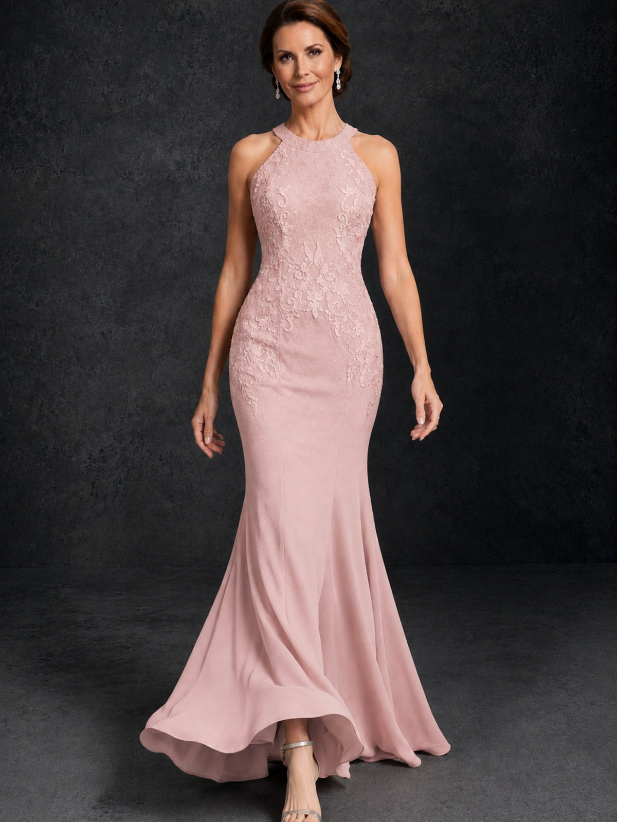 BOLODOO Blush Pink Lace Applique Halter Neck Sheer Back Mermaid Maxi Dress with Sweep Train - Blush Pink