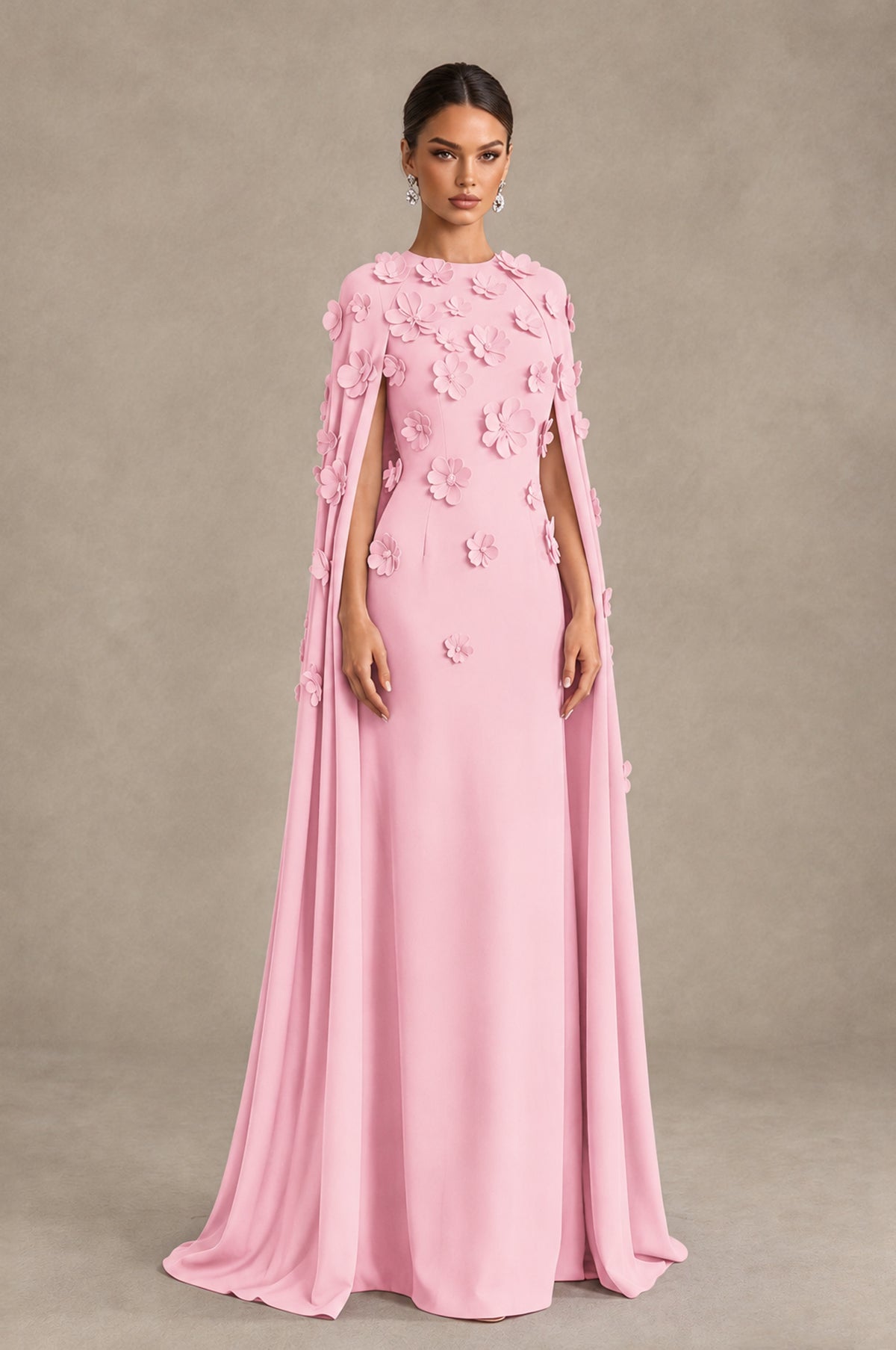 BOLODOO Blush Pink 3D Floral Applique Cape Formal Dress - Blush Pink - Blush Pink_3