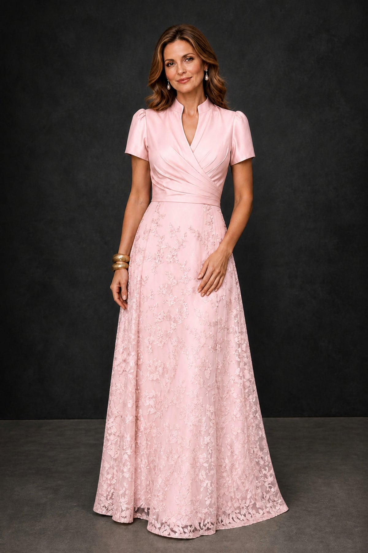 BOLODOO Blush Pink Satin Wrap V-Neck Short Sleeve Lace Glitter A-Line Floor Length Evening Gown – Formal Dress - Blush Pink