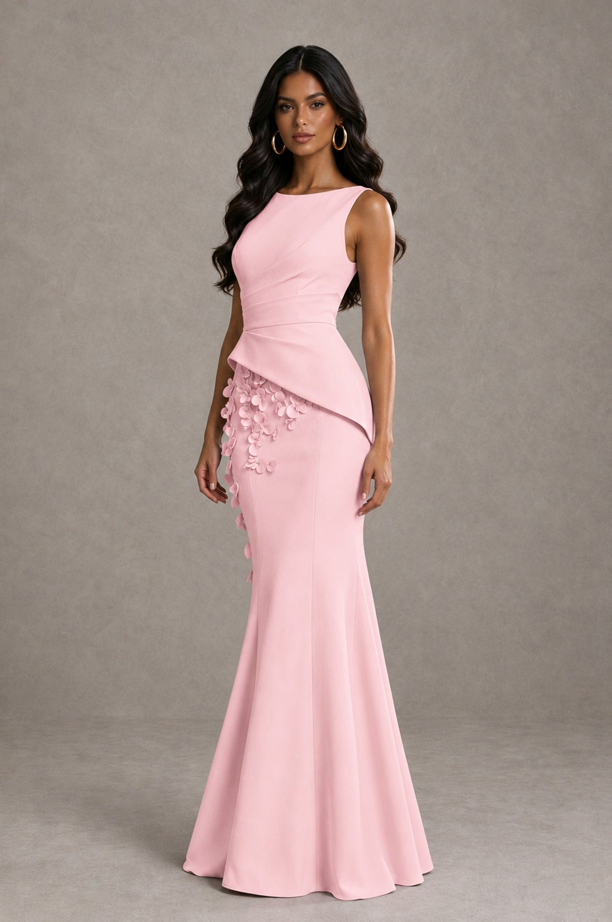 BOLODOO Blush Pink Bateau Neck Sleeveless Asymmetric Peplum 3D Petal Appliqué Mermaid Gown BD0421 - Blush Pink - Blush_Pink_3