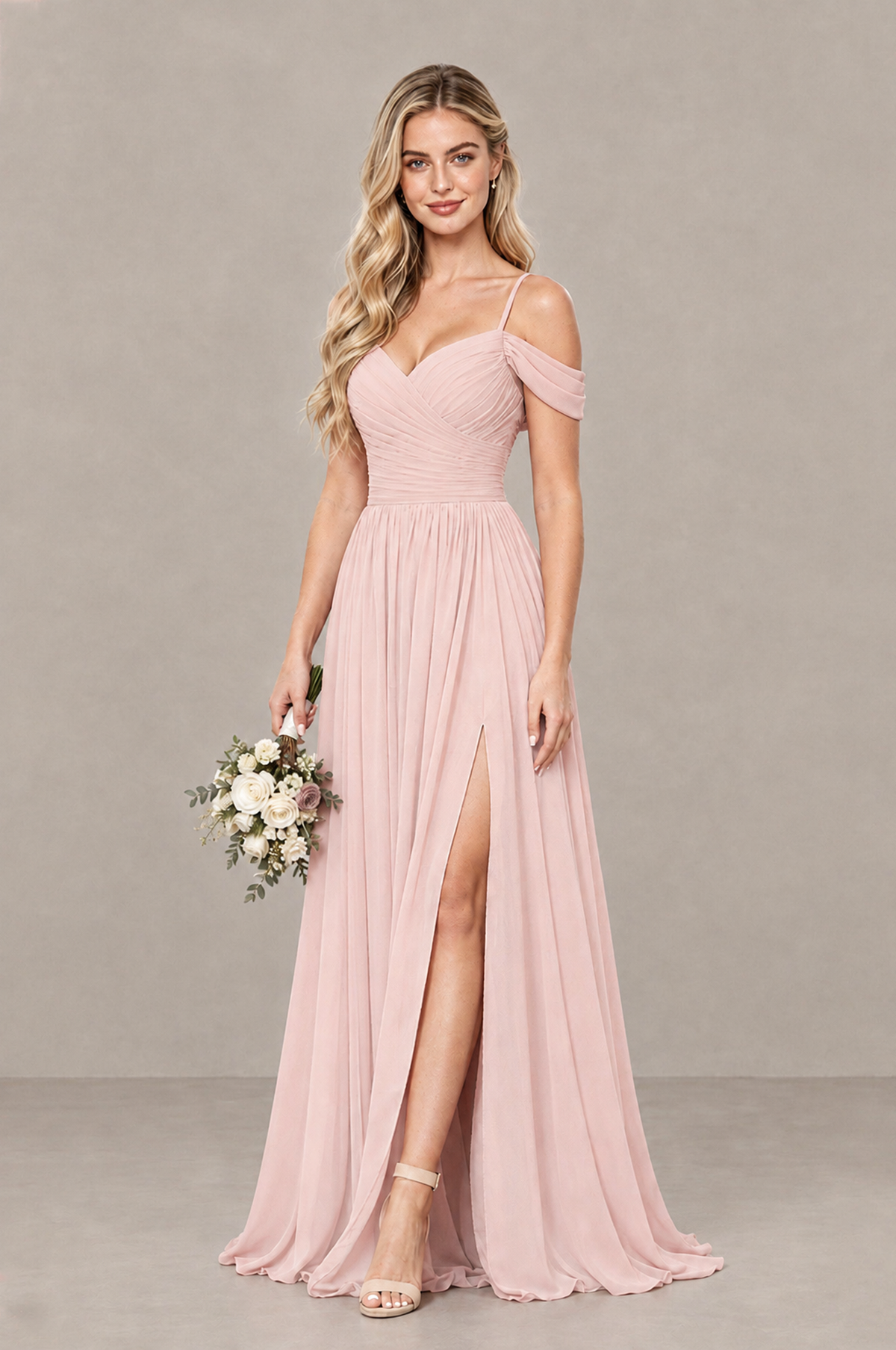 BOLODOO Blush Pink Off-Shoulder Bridesmaid Dress with Slit - Blush Pink