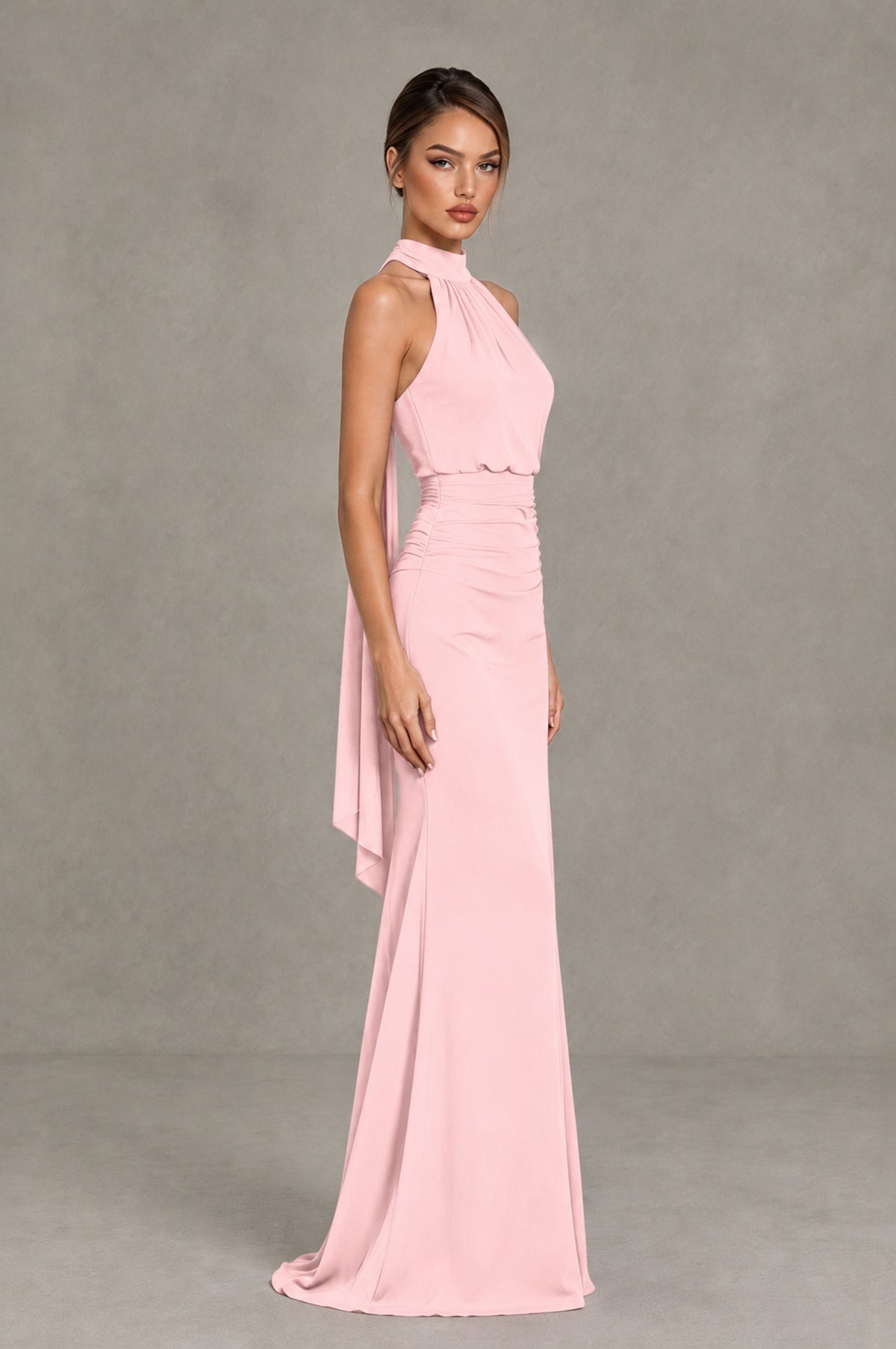 BOLODOO Blush Pink Chiffon Halter Maxi Formal Wedding Guest Dress - Blush Pink - Blush Pink_3