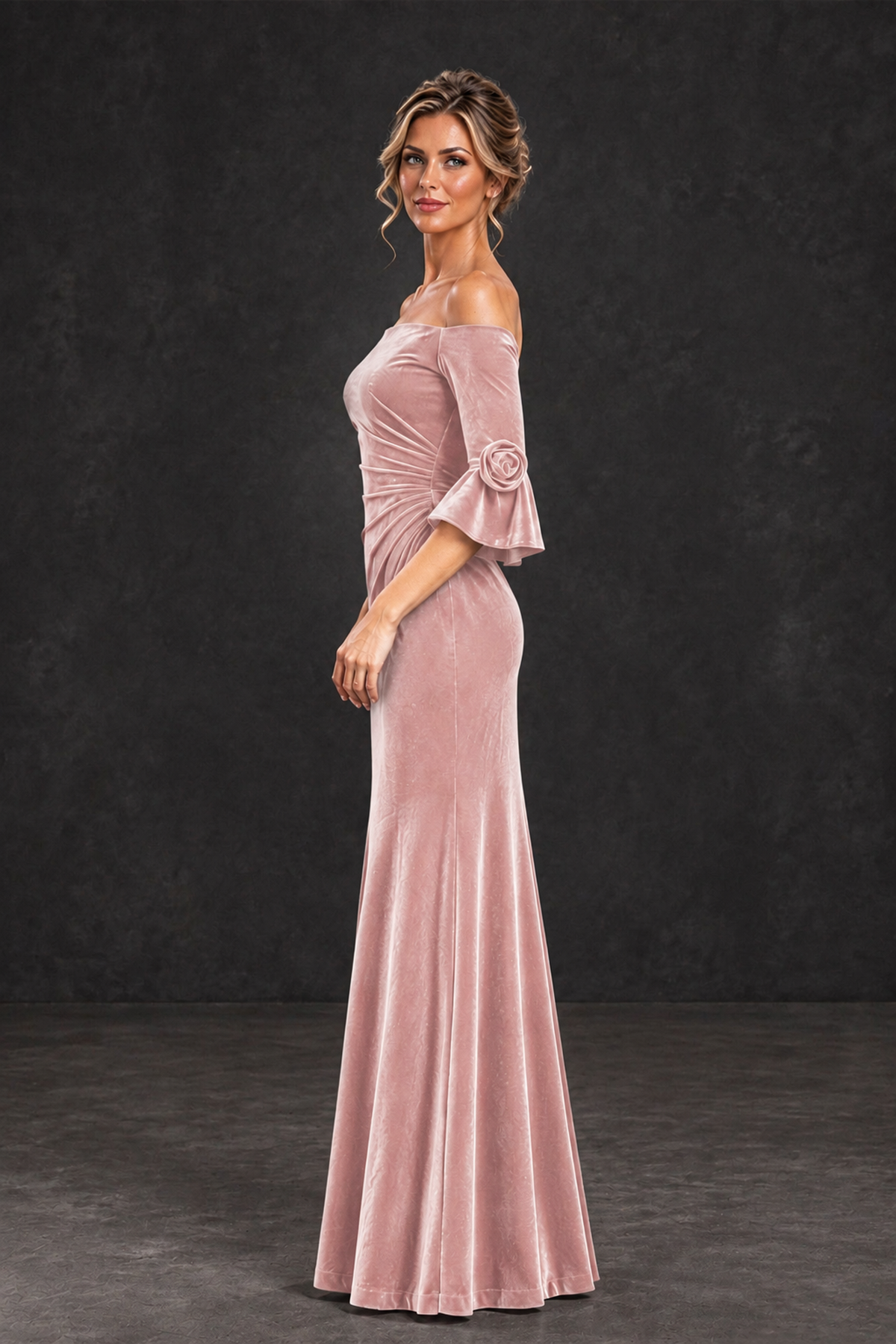 BOLODOO Blush Pink Velvet Off-Shoulder Mother of the Bride Dress – 3/4 Floral Cuff Sleeve Mermaid Evening Gown - Blush Pink - Blush Pink_3