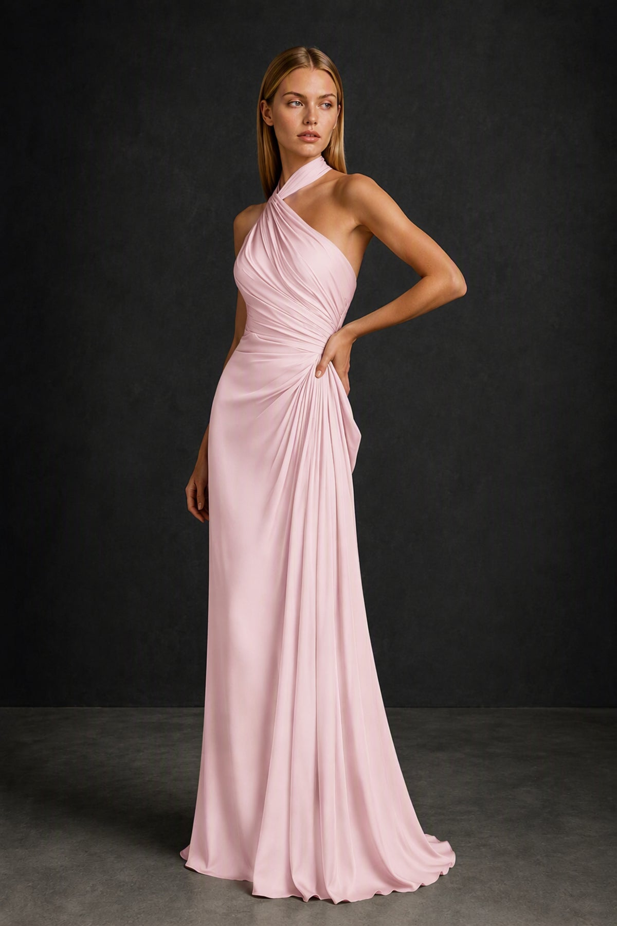 BOLODOO Blush Pink Twisted Halter Neck Ruched Sleeveless Open Back Floor-Length Gown - Blush Pink