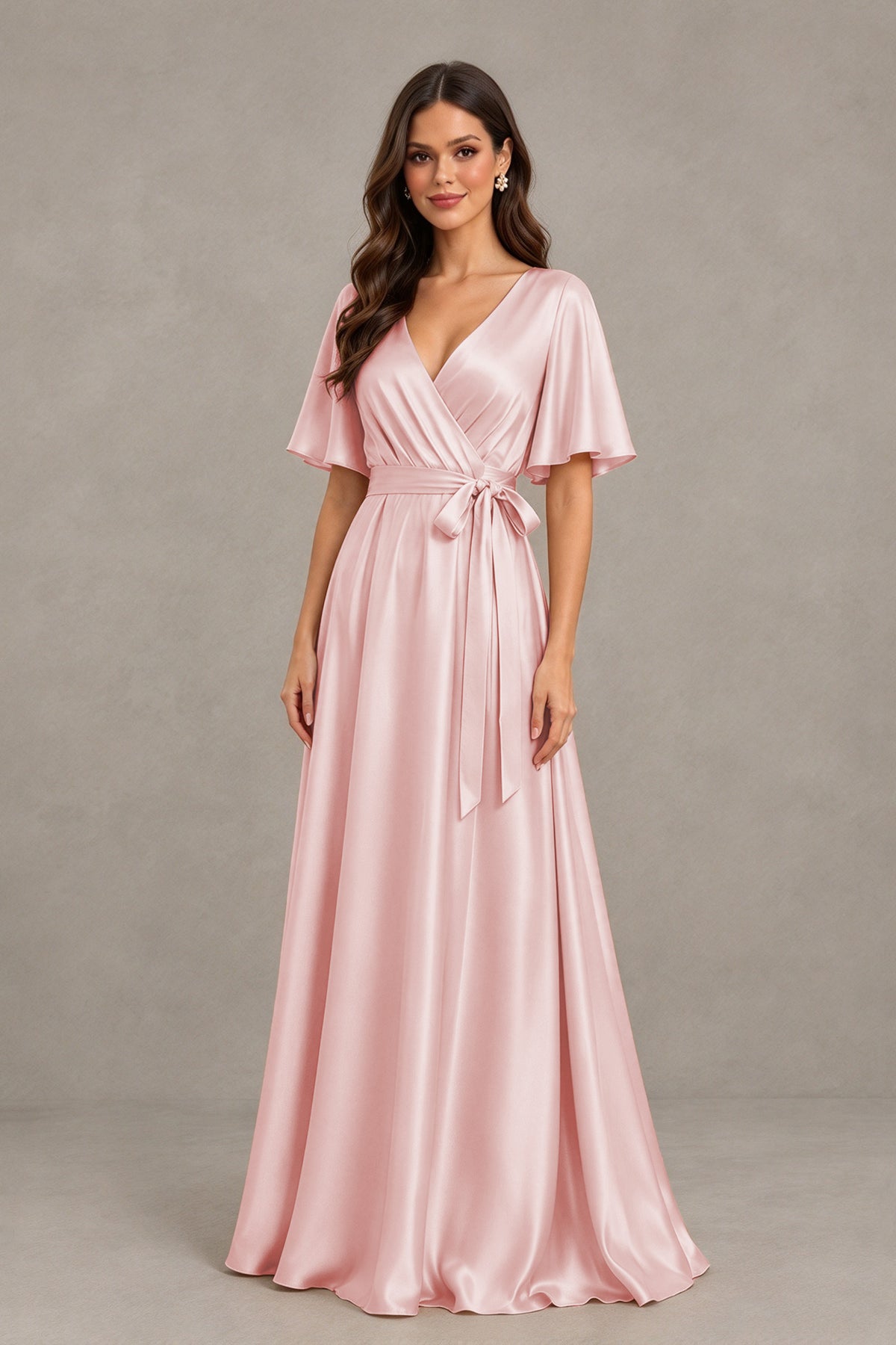 BOLODOO Blush Pink Satin V-Neck Flutter Sleeve Bridesmaid Dress with Slit - Blush Pink - Blush Pink(3)
