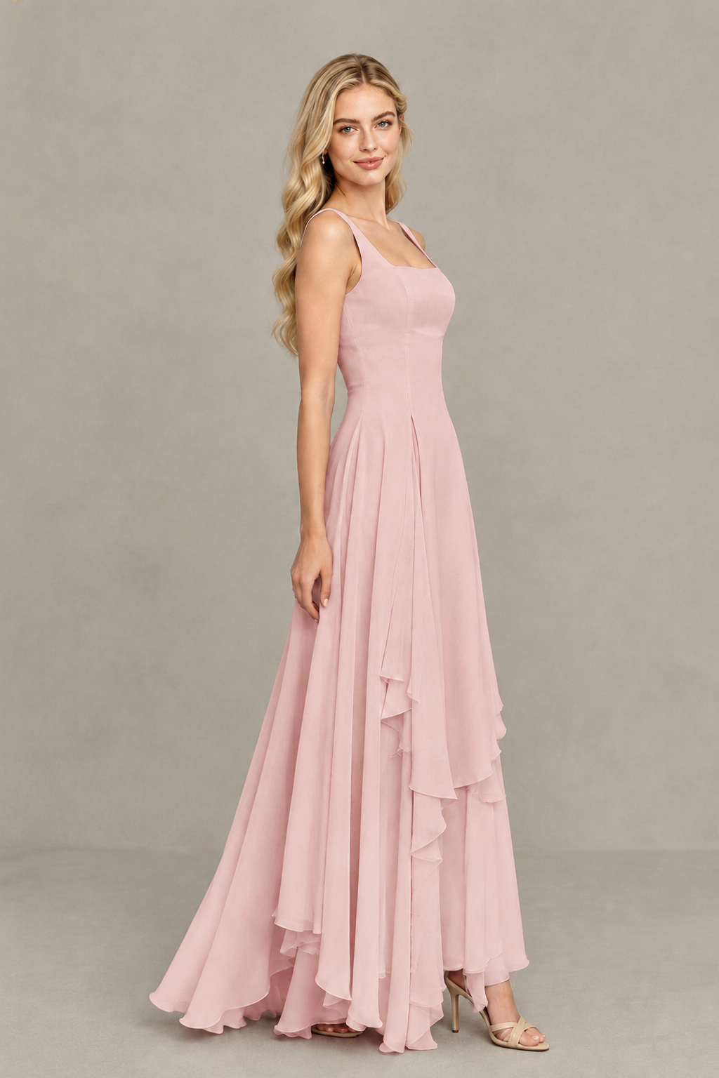 BOLODOO Blush Pink Square Neck Chiffon Bridesmaid Dress with Lace-Up Back - Blush Pink