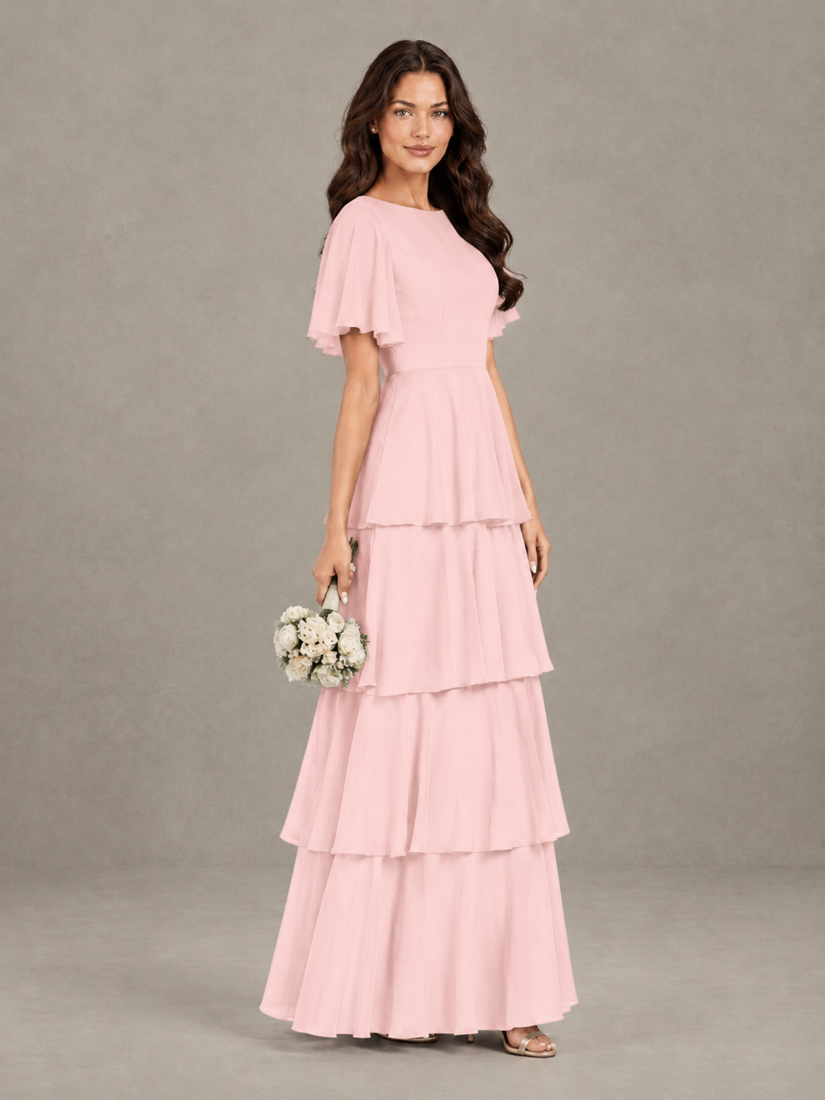 BOLODOO Blush Pink Tiered Flutter Sleeve Bridesmaid Dress - Blush Pink - Blush Pink_3