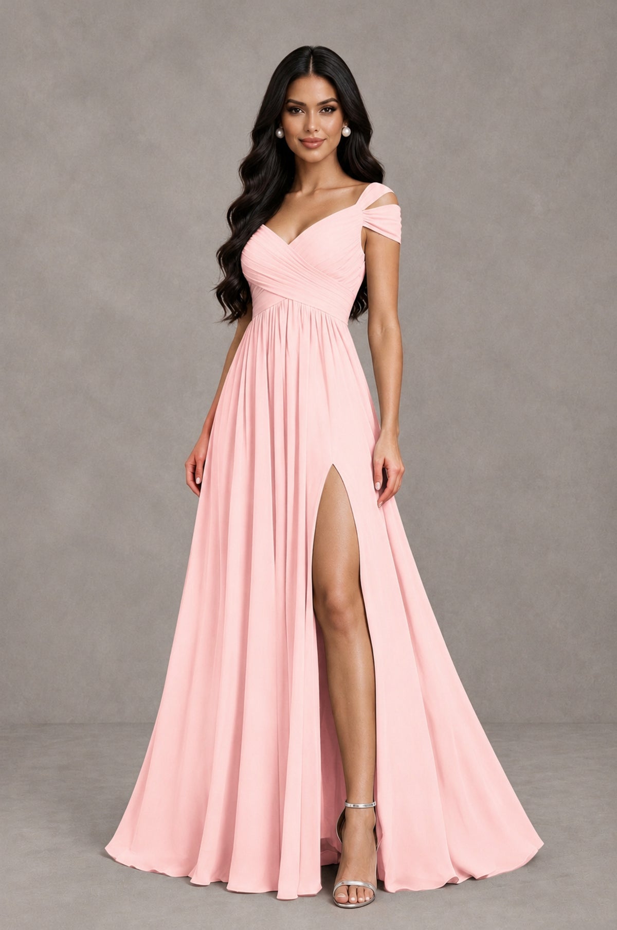BOLODOO Blush Pink Cold Shoulder Chiffon Evening Dress with V Neck and High Slit - Blush Pink - Blush Pink_3