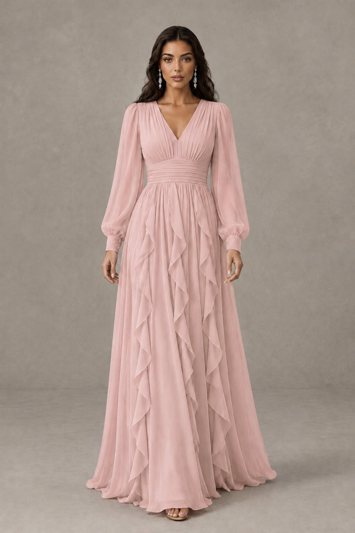 BOLODOO Blush Pink Long Sleeve V-Neck Ruffle Maxi Dress - Blush Pink