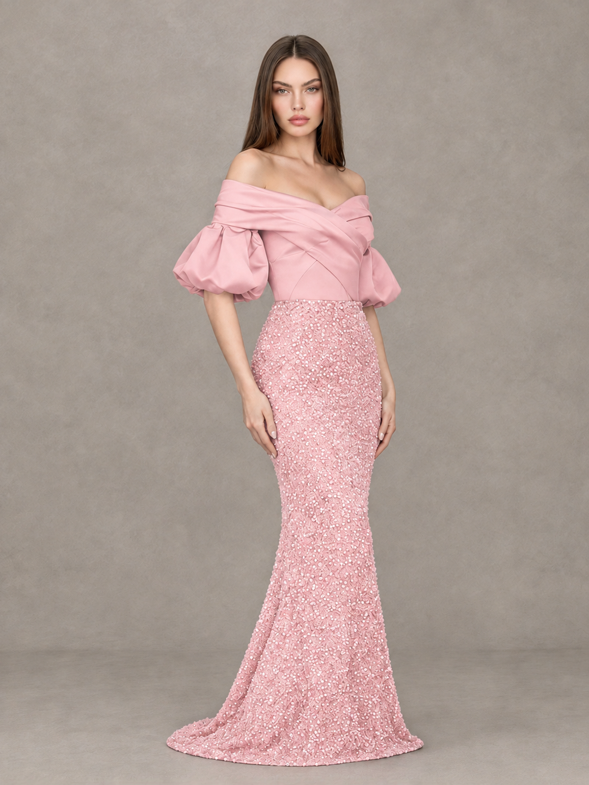 BOLODOO Blush Pink Off-Shoulder Puff Sleeve Sequin Mermaid Evening Dress - Blush Pink - Blush Pink_3