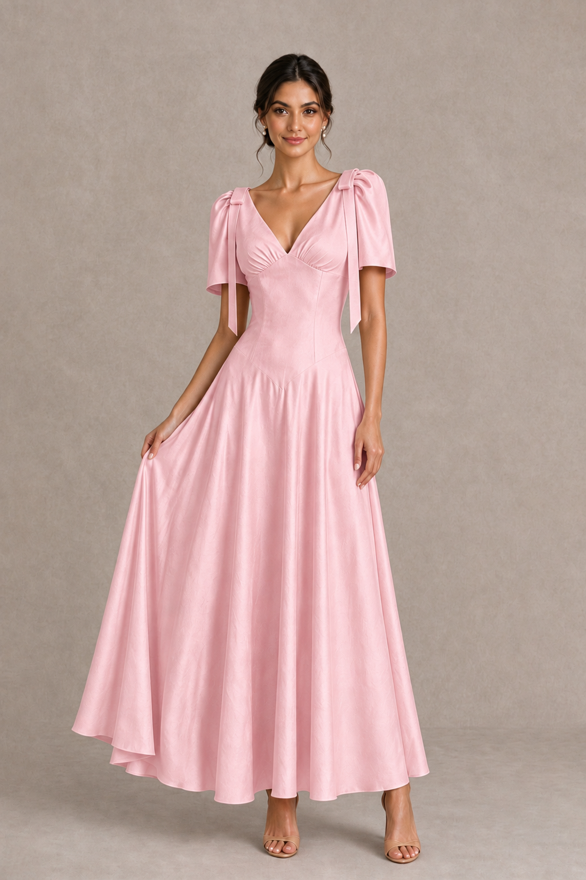 BOLODOO Blush Pink V-Neck Short Sleeve Satin-Look Bridesmaid Dress with Shoulder Bows - Blush Pink - Blush Pink_3