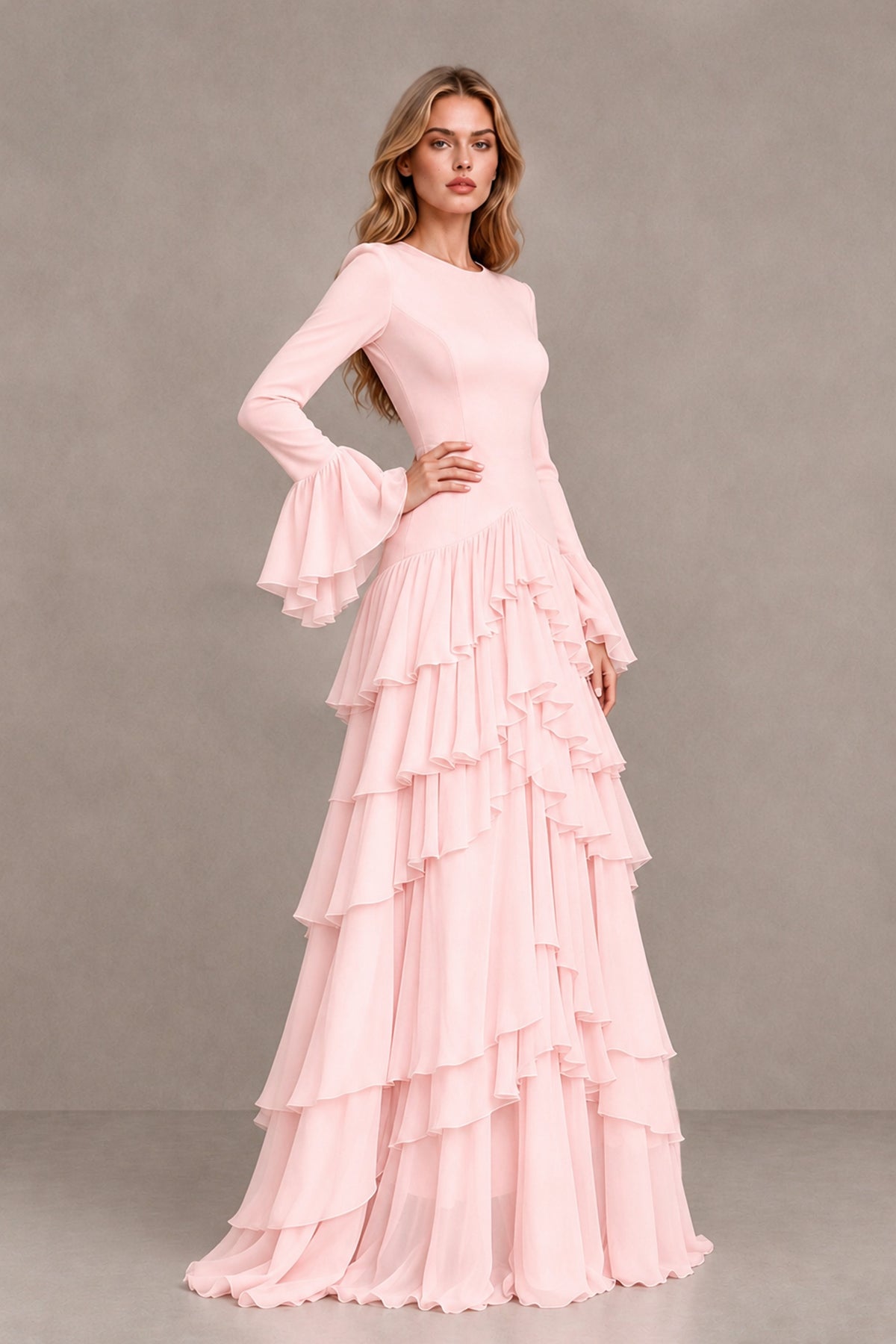 Blush Pink Long Sleeve Tiered Ruffle Evening Gown - Blush Pink - Blush Pink_3