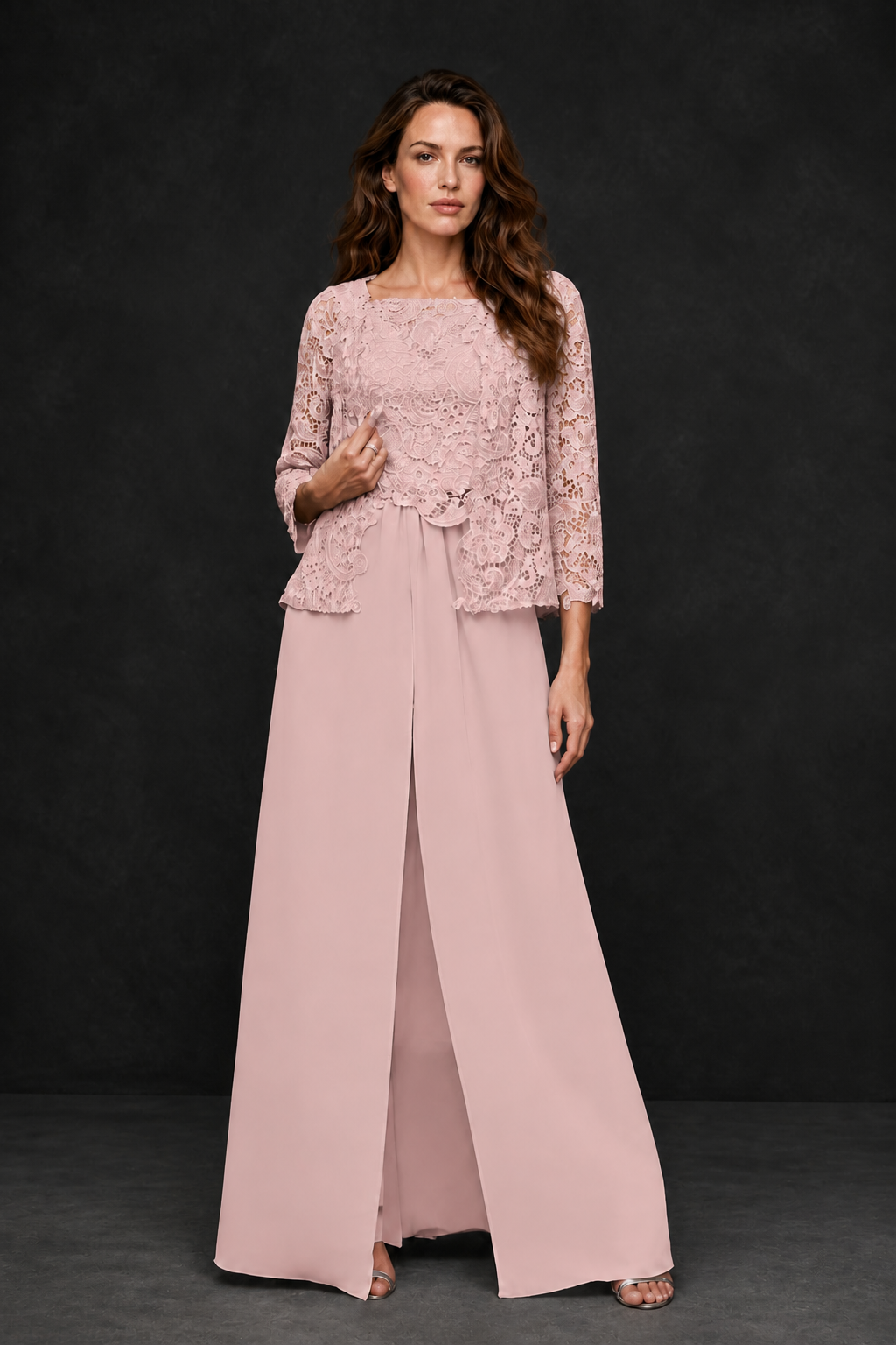 BOLODOO Blush Pink Grey Lace Peplum Top & Wide-Leg Chiffon Pants Set | Mother of the Bride & Formal Evening Outfit - Blush Pink