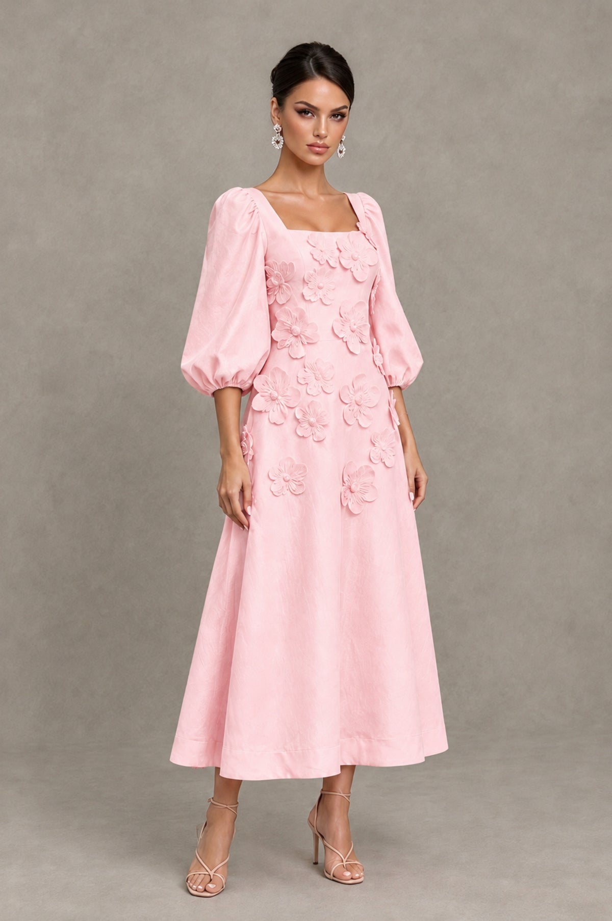 BOLODOO Blush Pink 3D Floral Puff Sleeve Midi Cocktail Dress - Blush Pink - Blush Pink_3
