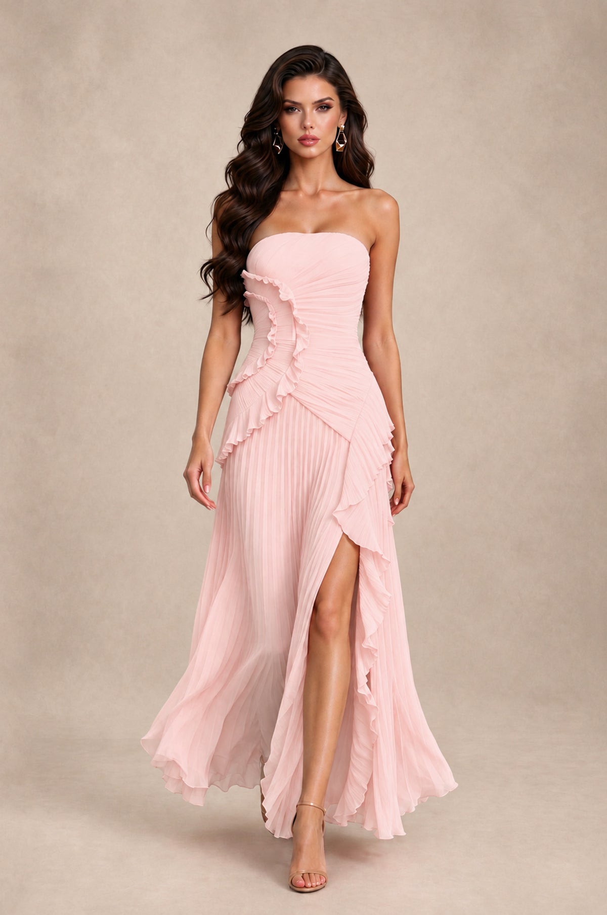 BOLODOO Blush Pink Strapless Ruffle Pleated Slit Evening Gown - Blush Pink - Blush Pink_3