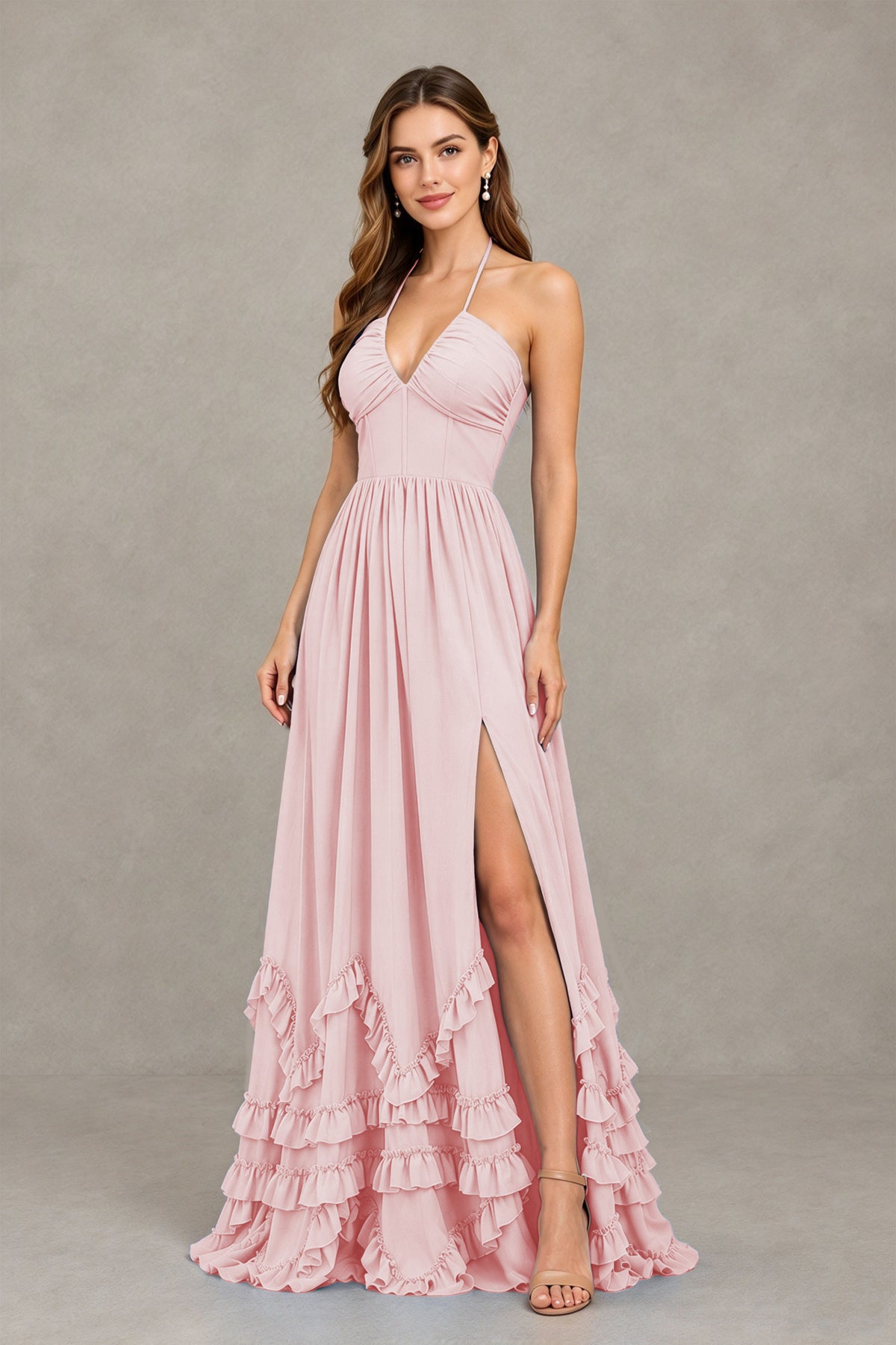 BOLODOO Blush Pink Halter Ruffle Hem A-Line Bridesmaid Dress with High Slit - Blush Pink - Blush Pink(3)