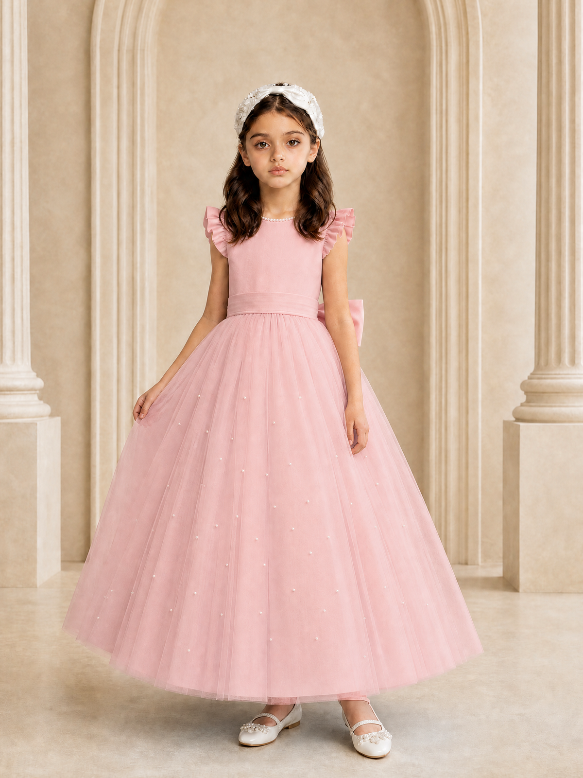 BOLODOO Blush Pink Tulle Flower Girl Dress with Ruffle Sleeves & Bow Back - Blush Pink - Blush_Pink_3