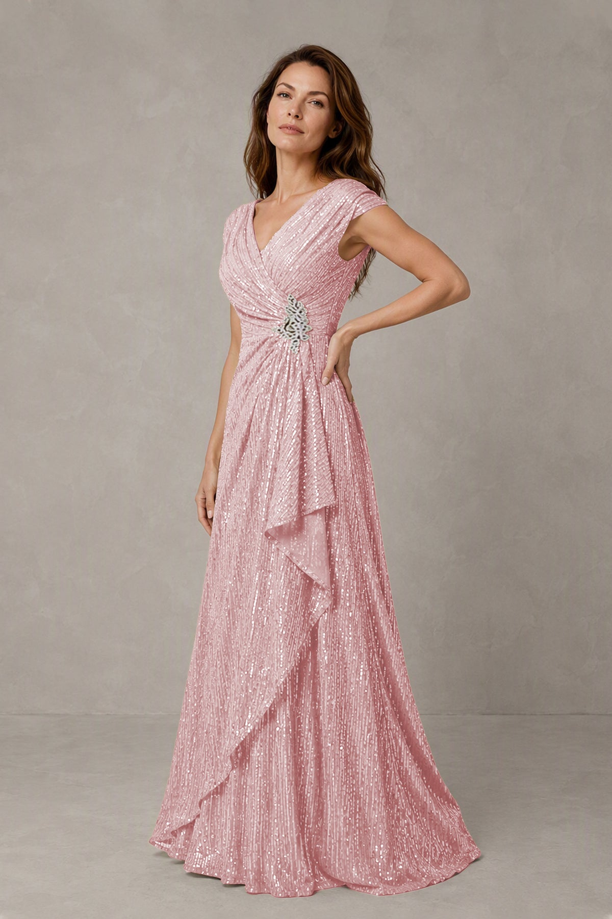 BOLODOO Blush Pink Sequin V-Neck Cap Sleeve Maxi Dress - Blush Pink