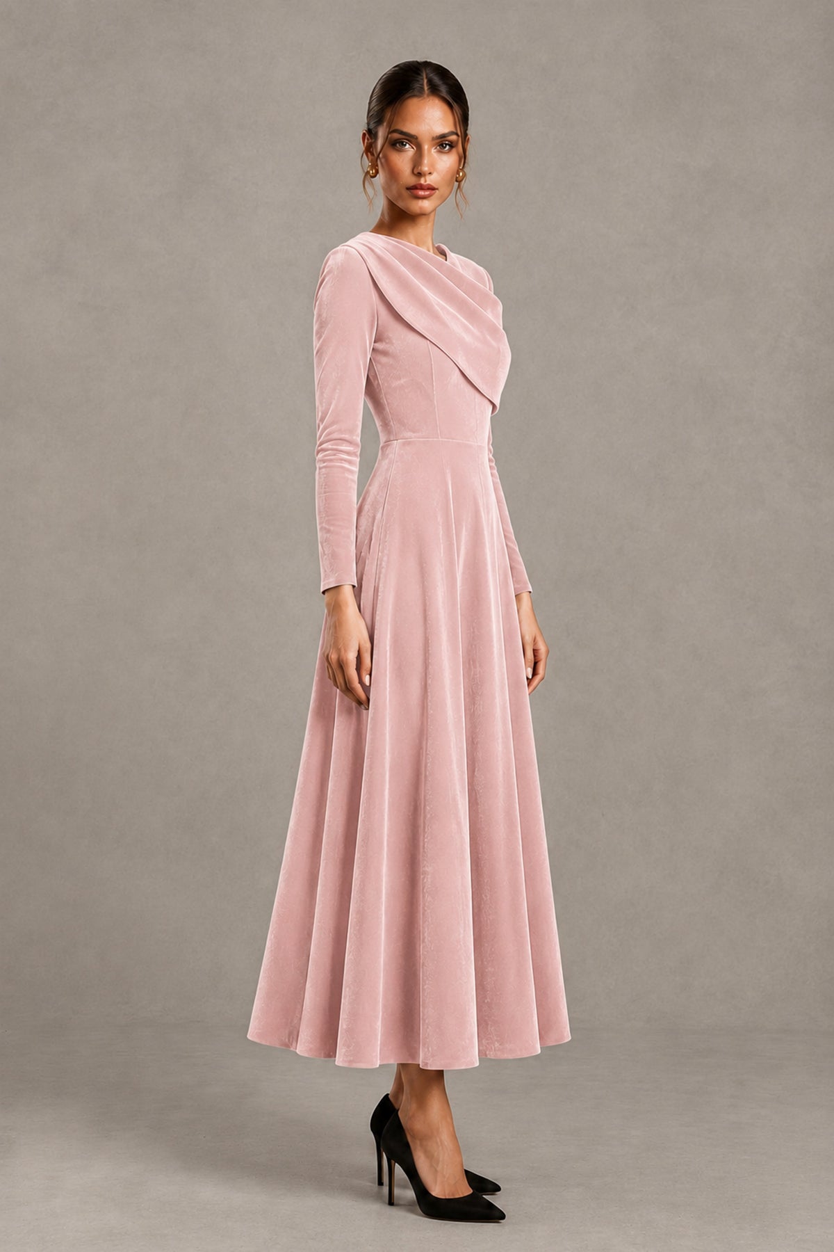 BOLODOO Blush Pink Velvet-Look Long Sleeve Tea-Length A-Line Dress with Draped Neckline - Blush Pink - Blush Pink_3