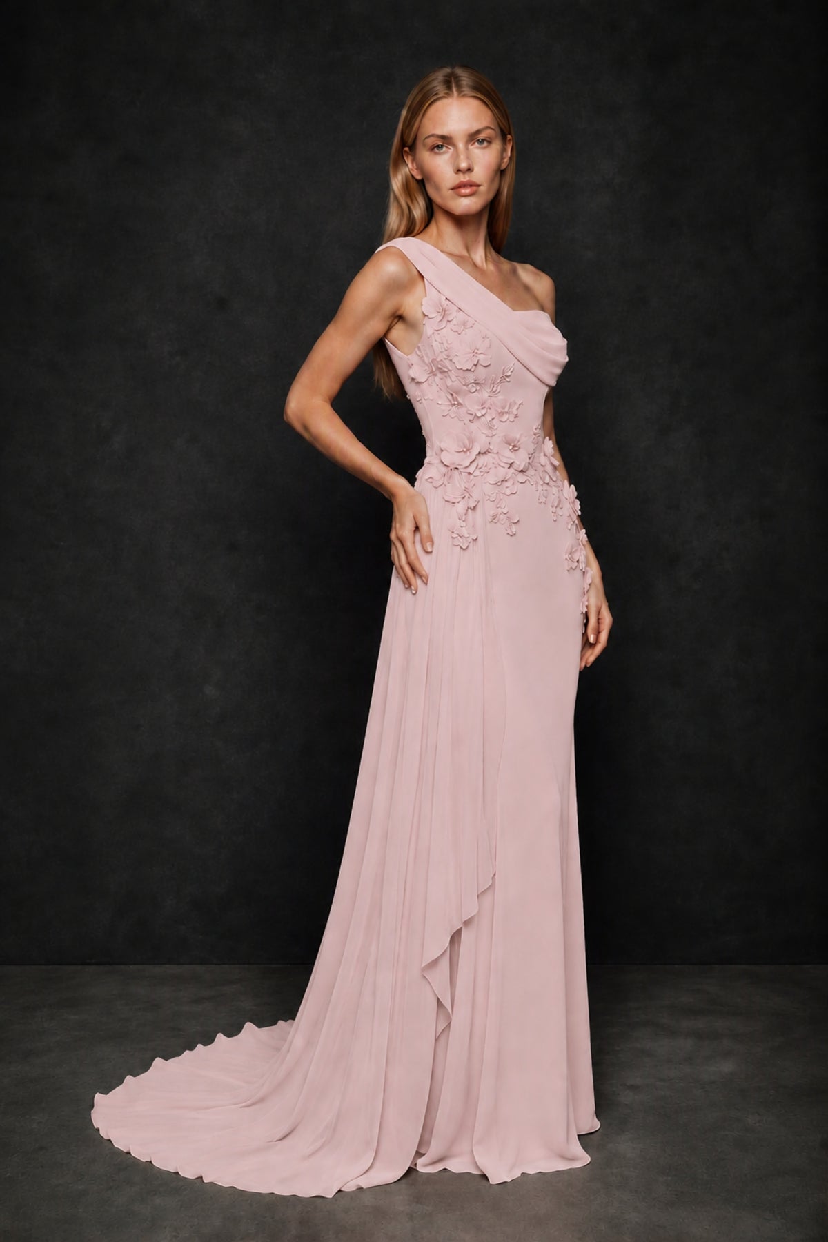 BOLODOO Blush Pink One-Shoulder 3D Floral Appliqué Chiffon Gown with Open Back - Blush Pink