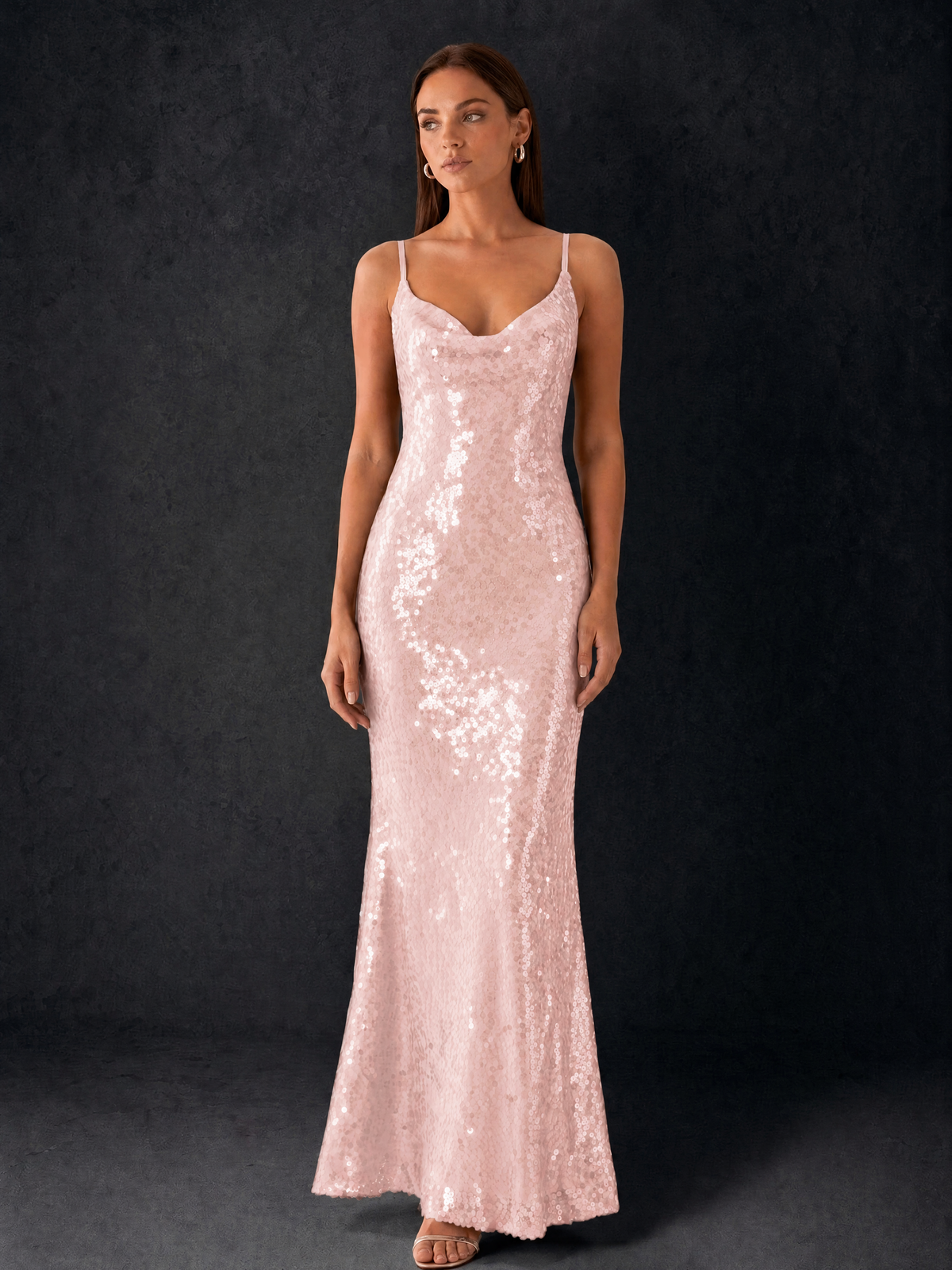 BOLODOO Bronze Sequin Cowl Neck Spaghetti Strap Mermaid Maxi Dress with Open Criss-Cross Back - Blush Pink - Blush Pink