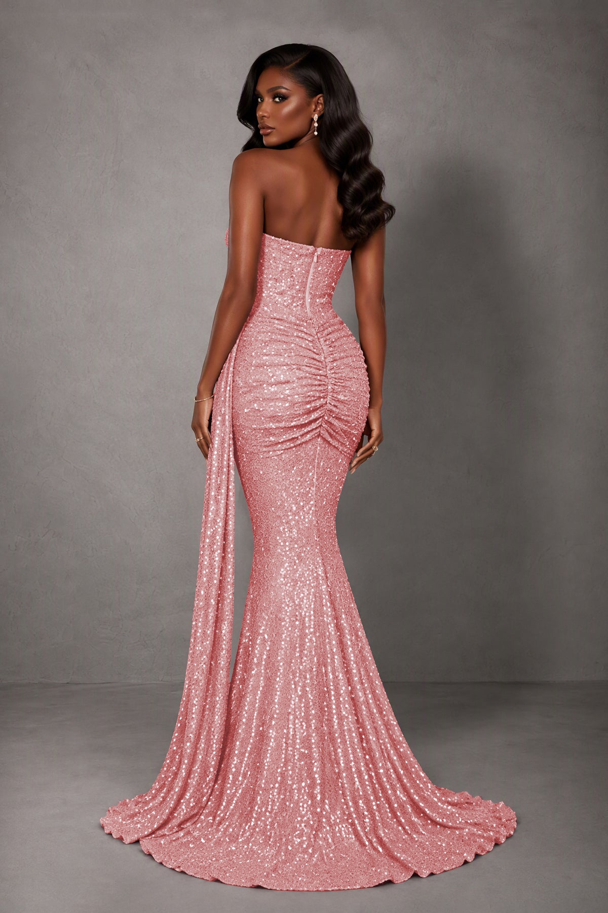 BOLODOO Blush Pink Sequin Strapless Corset Mermaid Evening Gown with Train - Blush Pink