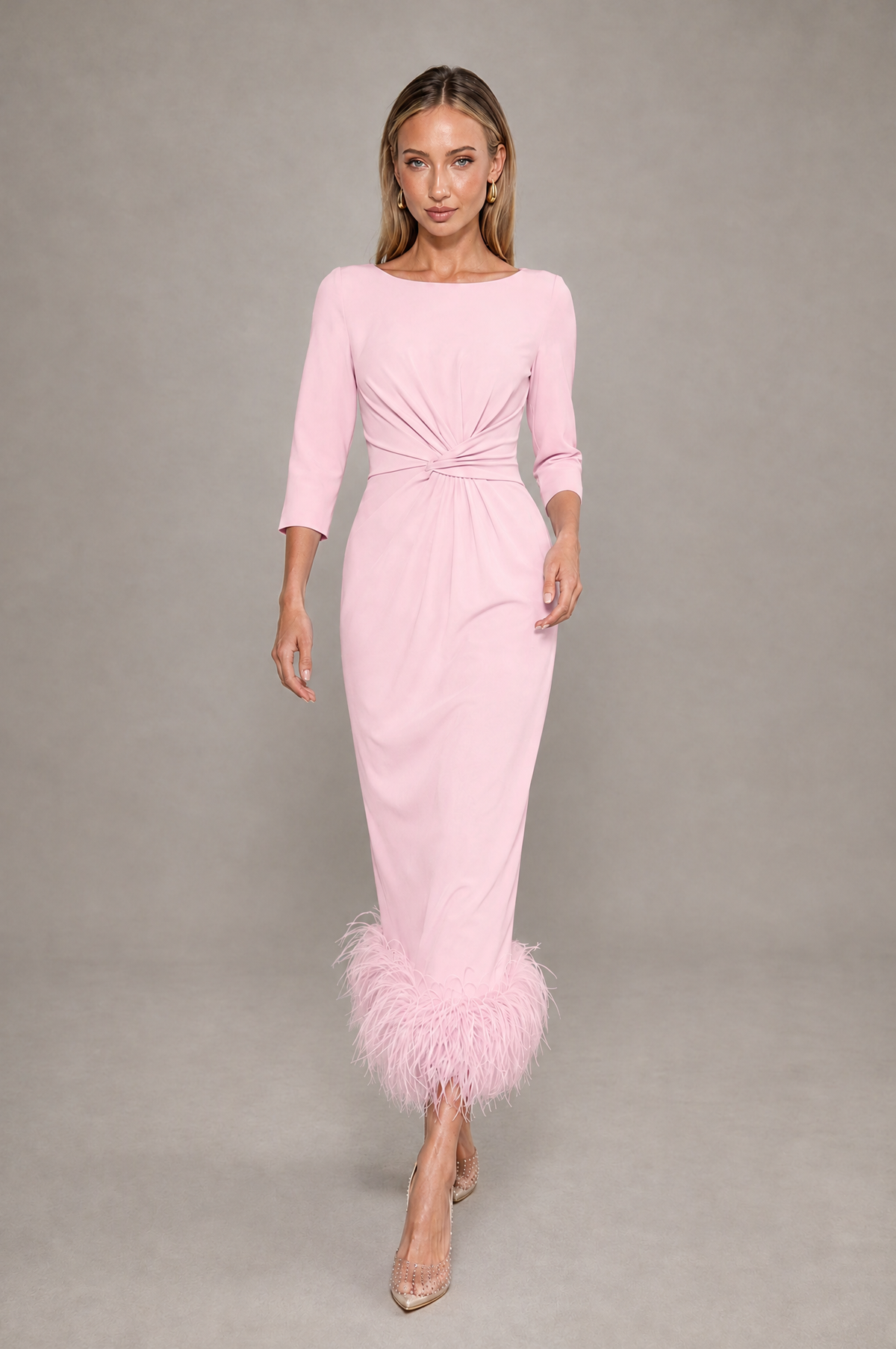 BOLODOO Blush Pink Feather-Trim Twist-Waist Midi Dress - Blush Pink - Blush_Pink_3