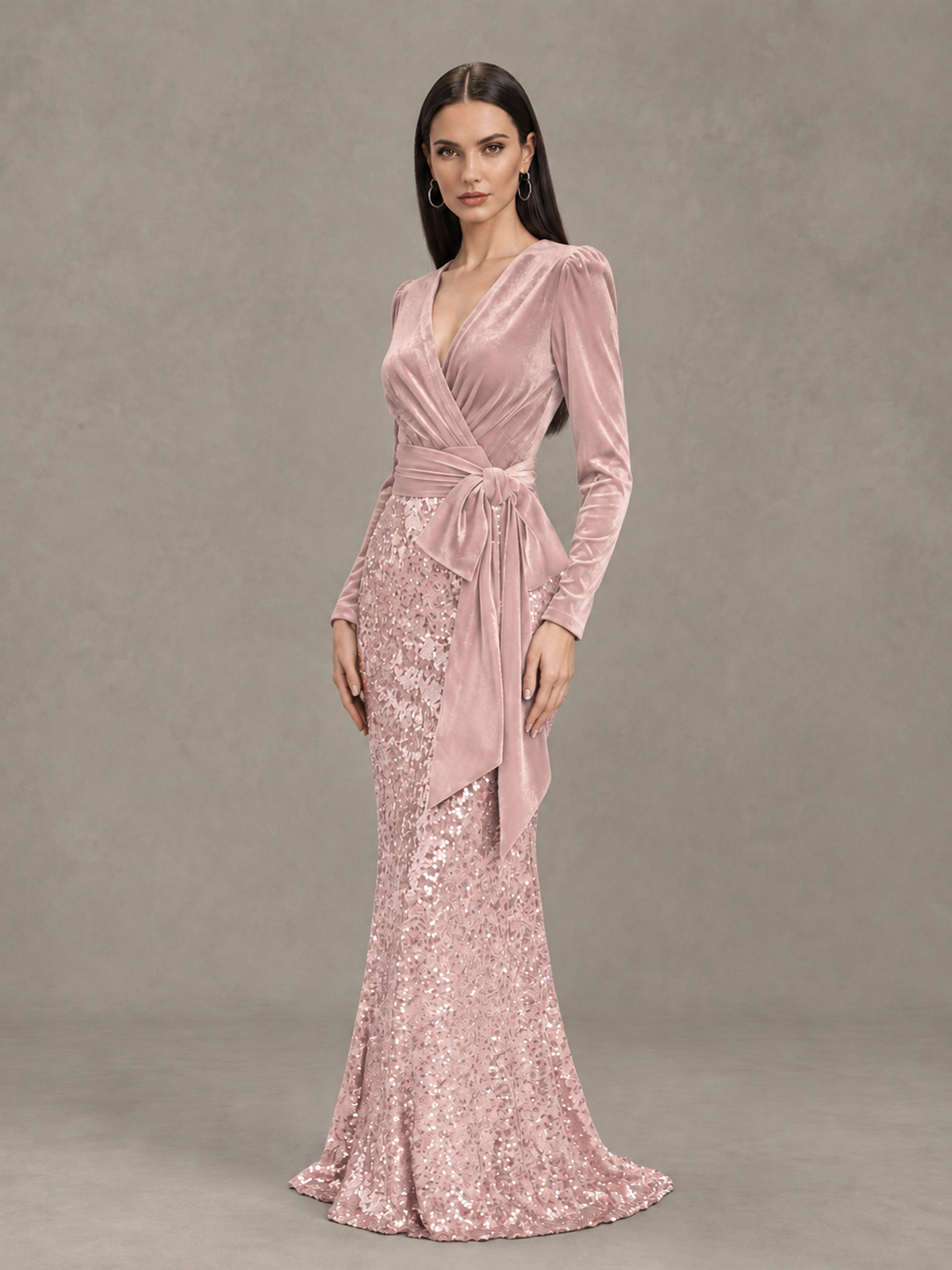 BOLODOO Blush Pink Velvet & Sequin Long Sleeve V-Neck Mermaid Evening Gown - Blush Pink - Blush Pink_3