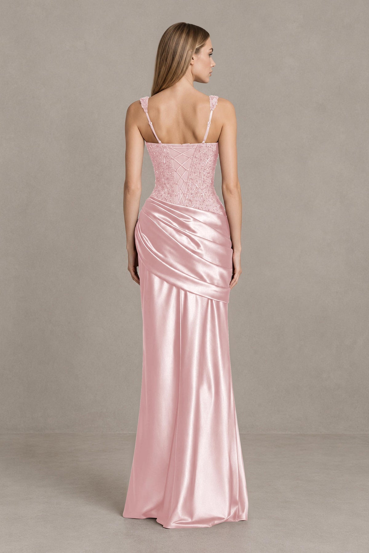 BOLODOO Blush Pink Square Neck Embellished Satin Evening Gown - Blush Pink