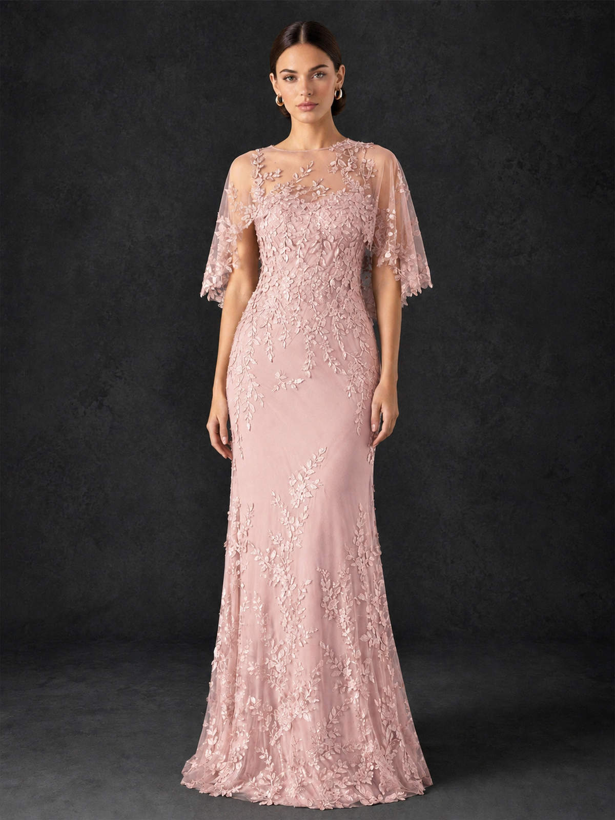 BOLODOO Mocha Rose Botanical Lace Flutter Sleeve Mermaid Gown - Blush Pink - Blush Pink