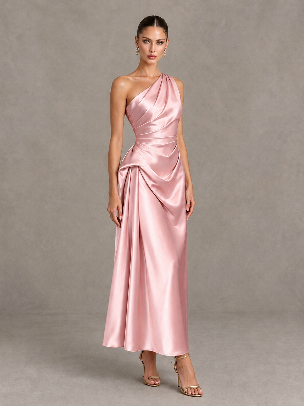 BOLODOO Blush Pink One Shoulder Satin Cocktail Dress with Draped A-Line Skirt - Blush Pink - Blush Pink_3