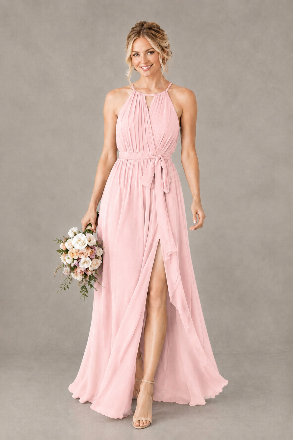 BOLODOO Blush Pink Halter Chiffon Bridesmaid Dress with High Slit - Blush Pink