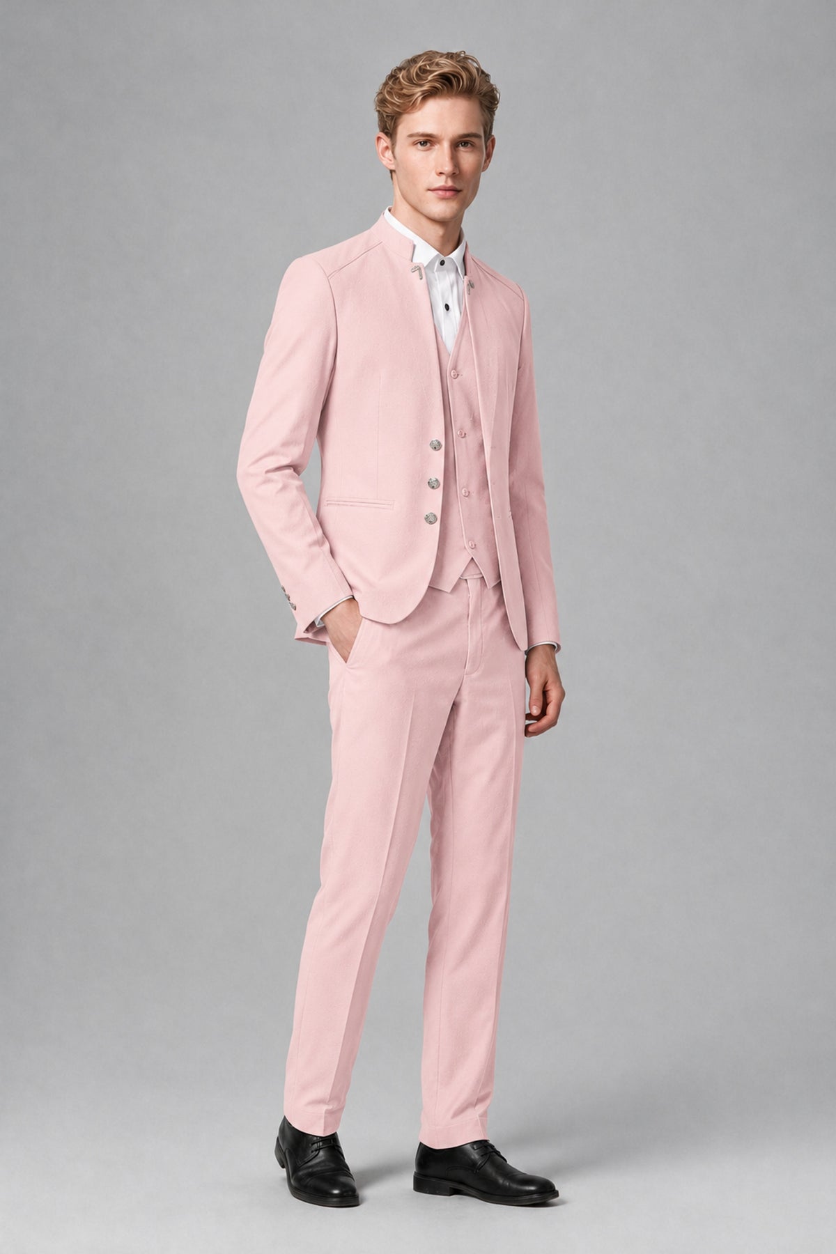 Bolodoo Men's Blush Pink Mandarin Collar 3-Piece Suit – Jacket, Vest & Trousers - Blush Pink - Blush Pink_4