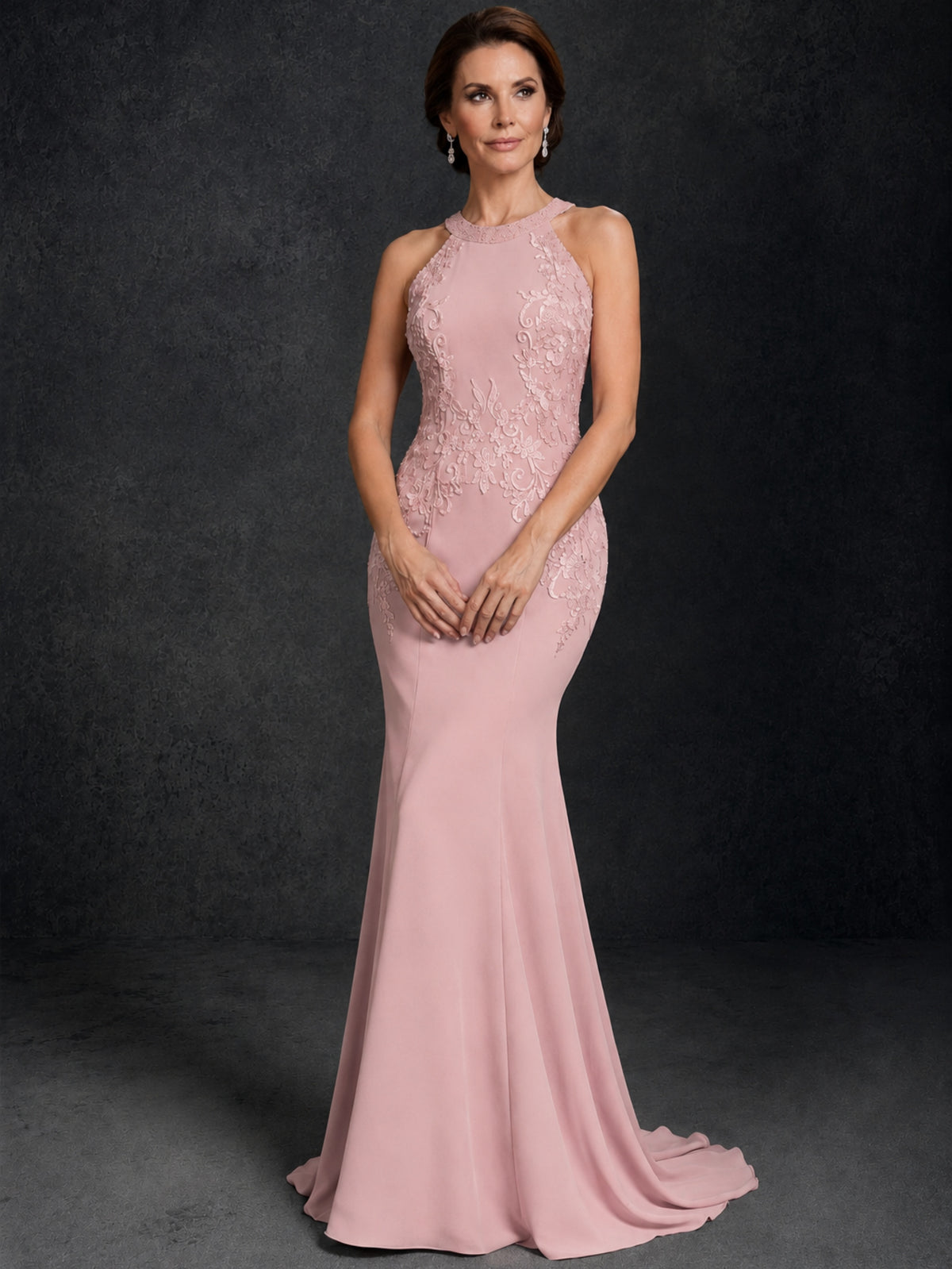 BOLODOO Blush Pink Lace Applique Halter Neck Sheer Back Mermaid Maxi Dress with Sweep Train - Blush Pink