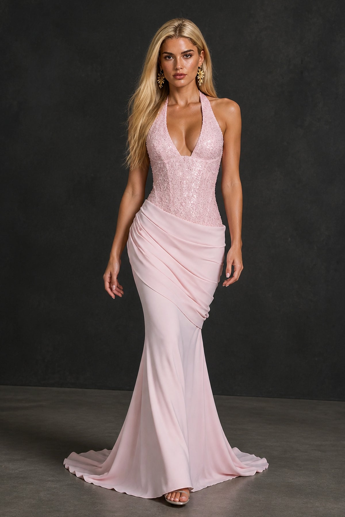 BOLODOO Blush Pink Halter Mermaid Gown – Deep V Open Back Sequin Formal Evening Dress with Train - Blush Pink