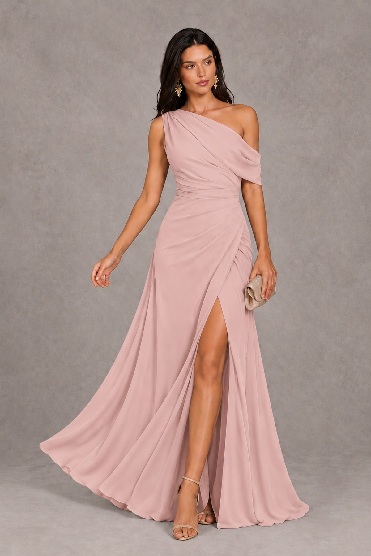 Blush Pink One-Shoulder Floor-Length Evening Gown with High Slit - Blush Pink