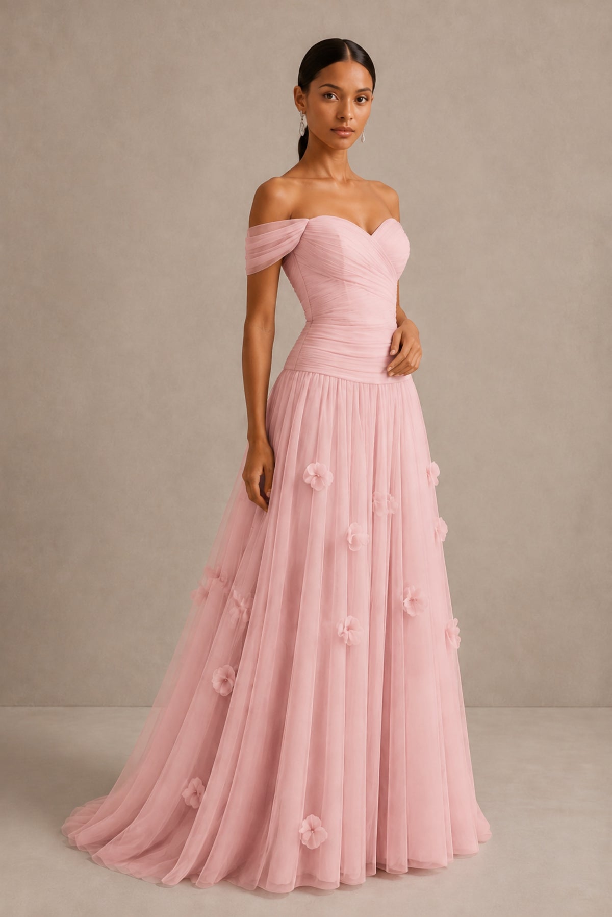 Blush Pink Off-Shoulder Sweetheart A-Line Tulle Gown with 3D Floral Appliques | BOLODOO - Blush Pink