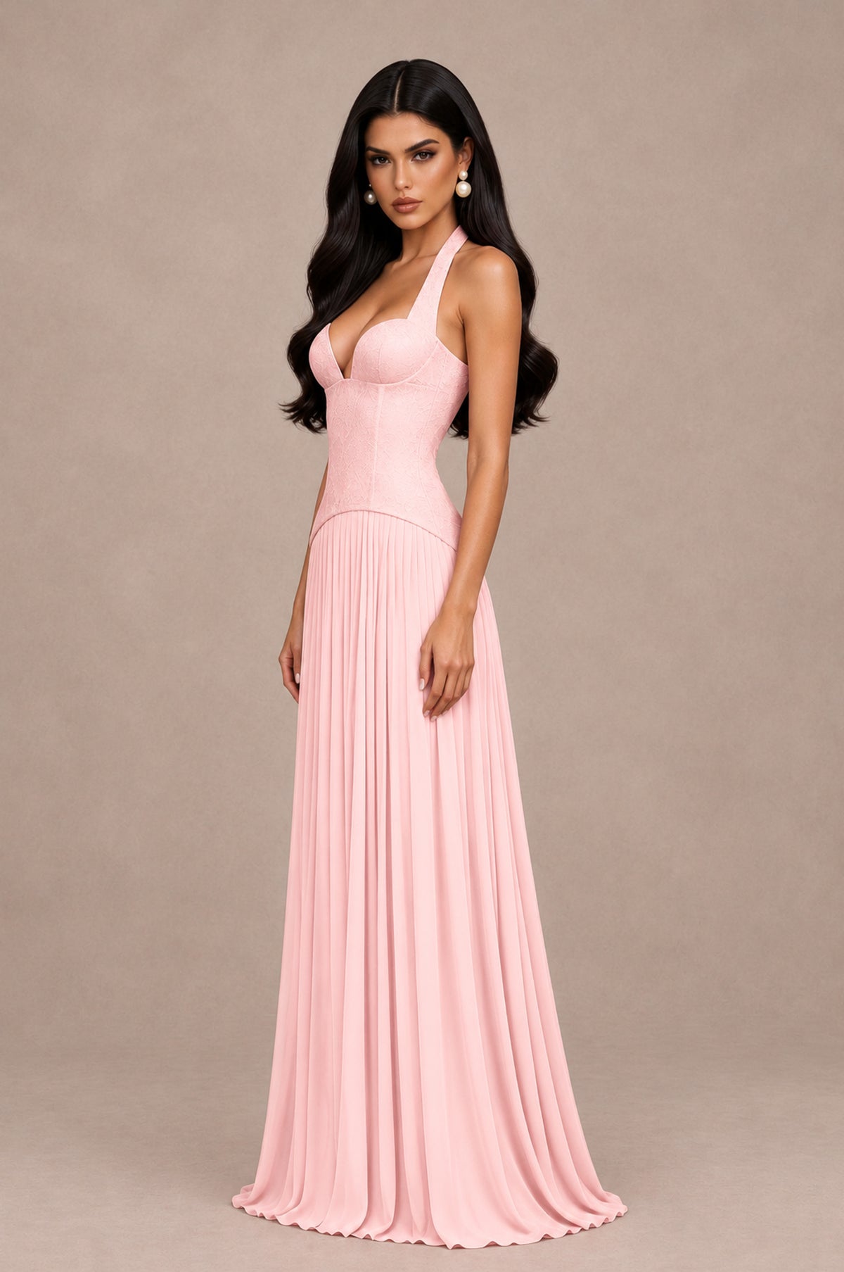 BOLODOO Blush Pink Halter Corset Pleated A-Line Evening Dress - Blush Pink - Blush Pink_4
