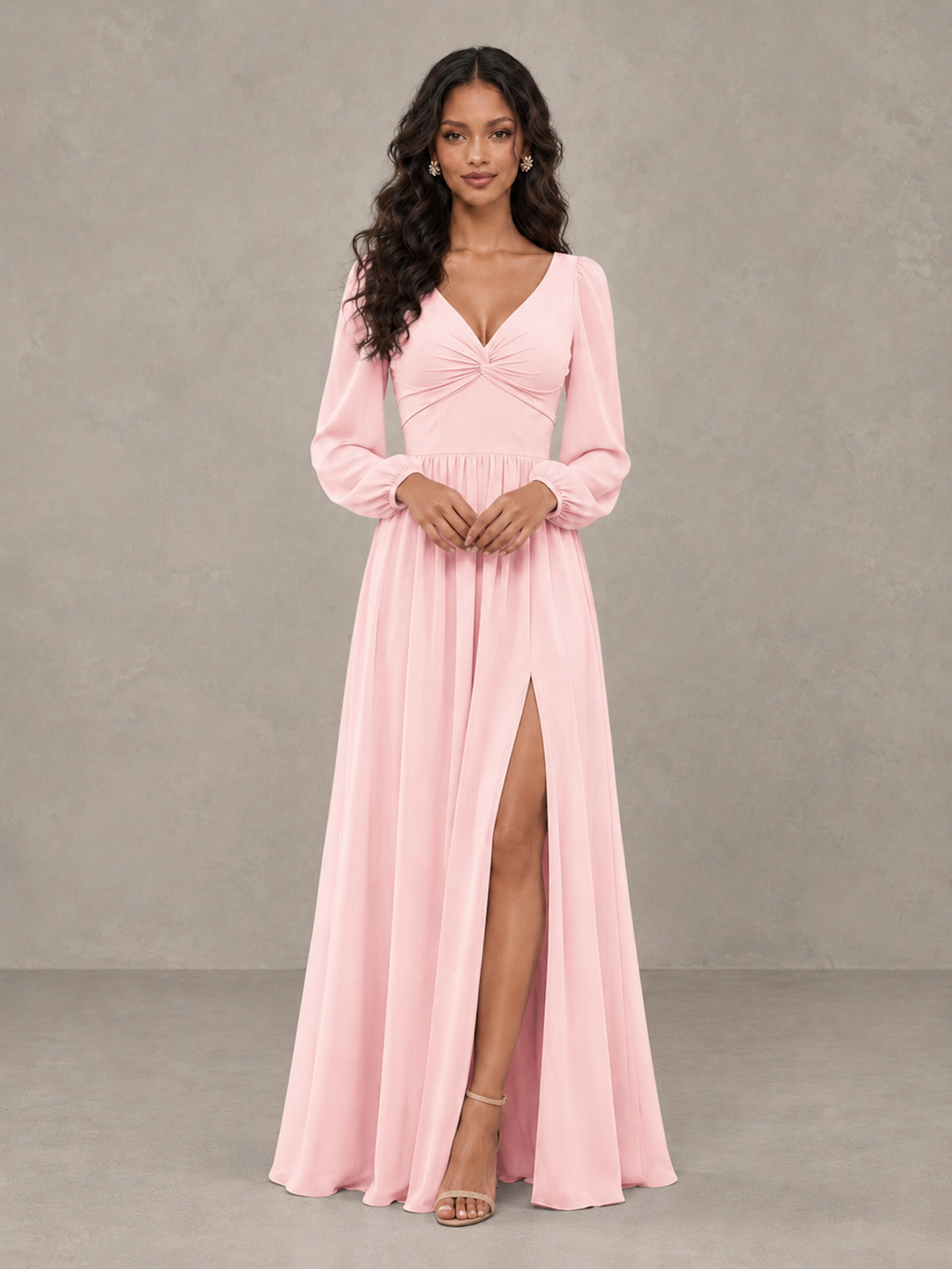 BOLODOO Blush Pink V-Neck Long Sleeve Bridesmaid Dress with Tie Back and Slit - Blush Pink - Blush Pink_4