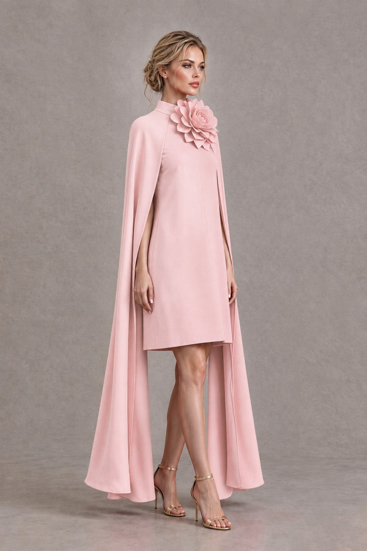 BOLODOO Blush Pink High Neck Floral Cape Mini Cocktail Dress - Blush Pink - Blush Pink_4