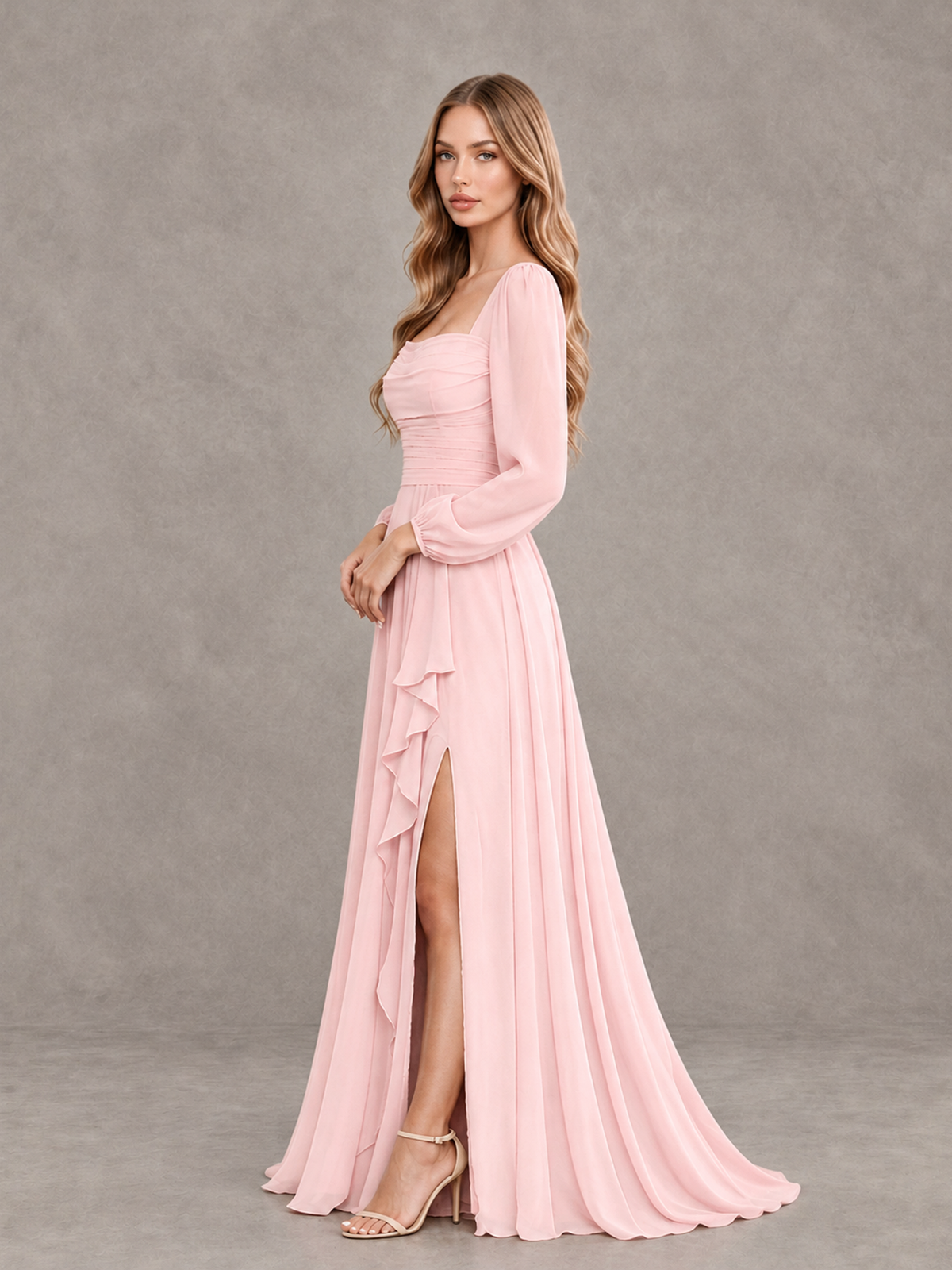 BOLODOO Blush Pink Square Neck Long Sleeve Bridesmaid Dress with Ruffle Slit - Blush Pink - Blush Pink_4