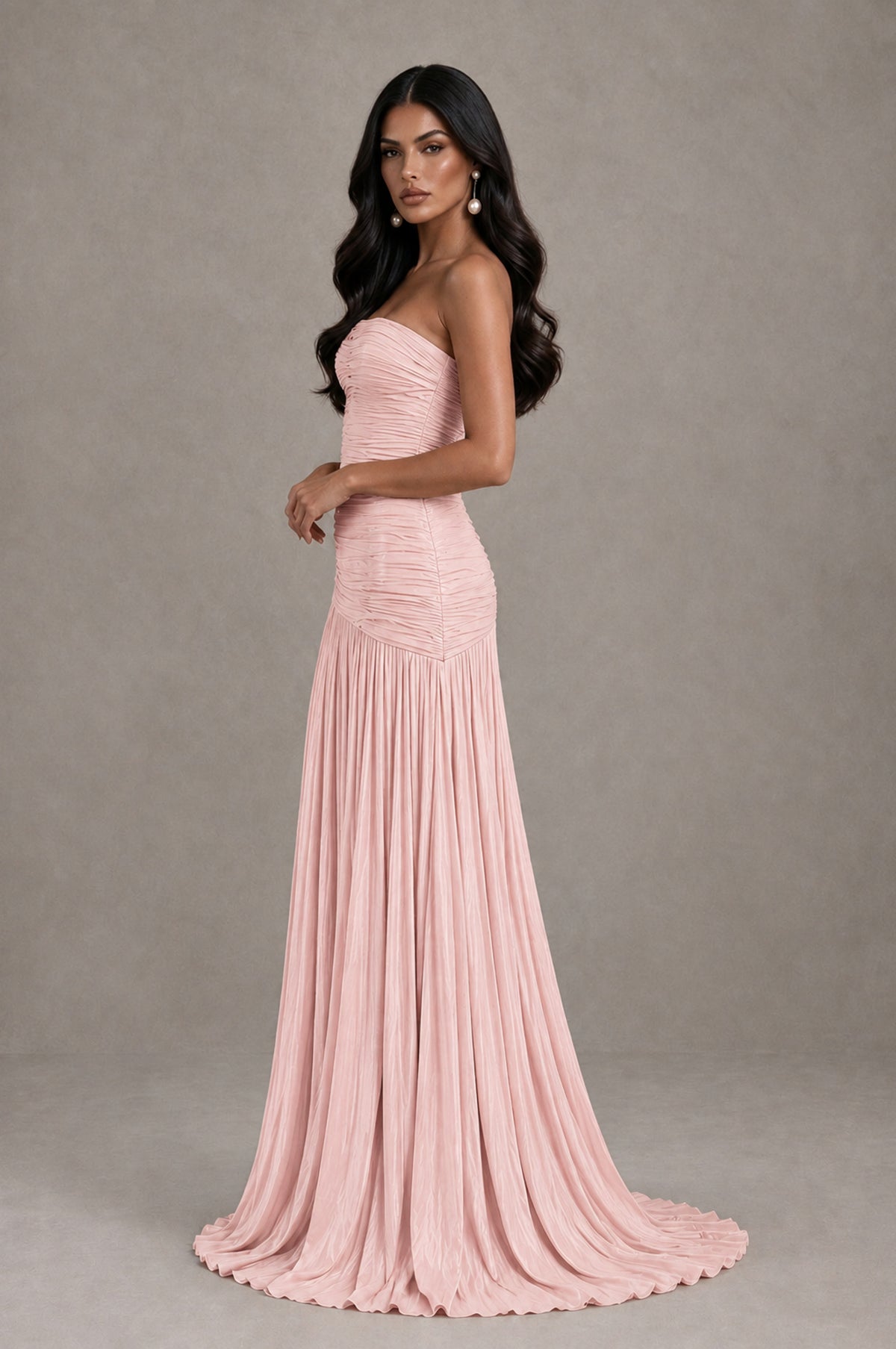 BOLODOO Blush Pink Metallic Ruched Strapless Pleated A-Line Backless Maxi Dress with Train - Blush Pink - Blush Pink_4