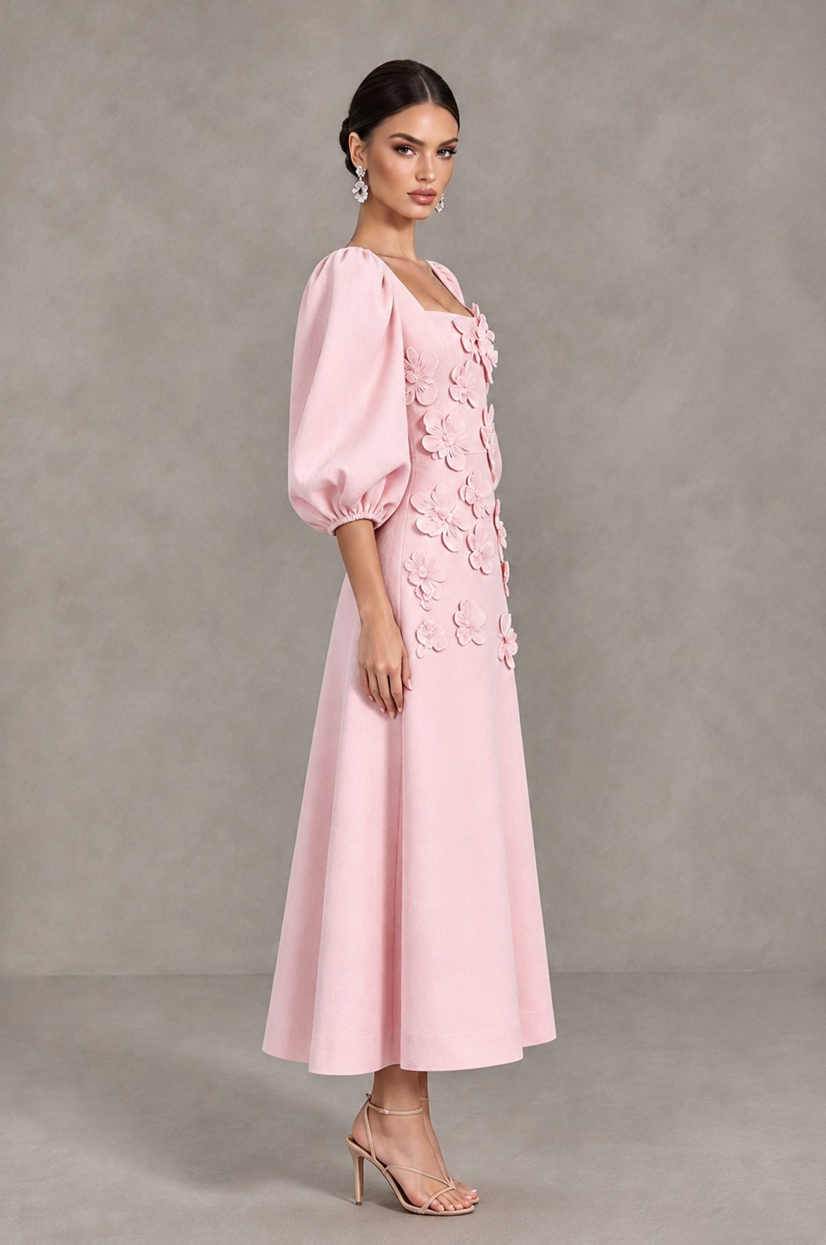 BOLODOO Blush Pink 3D Floral Puff Sleeve Midi Cocktail Dress - Blush Pink - Blush Pink_4