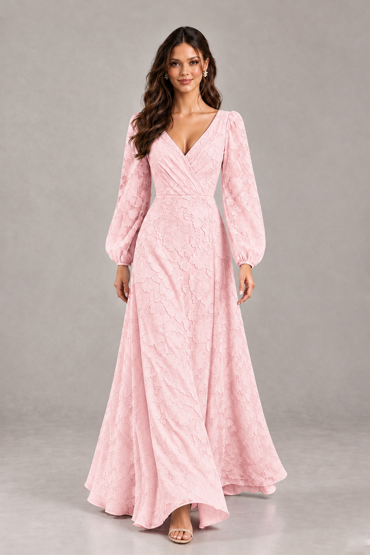 BOLODOO Blush Pink Long Sleeve V-Neck A-Line Mother of the Bride Dress - Blush Pink - Blush Pink_4